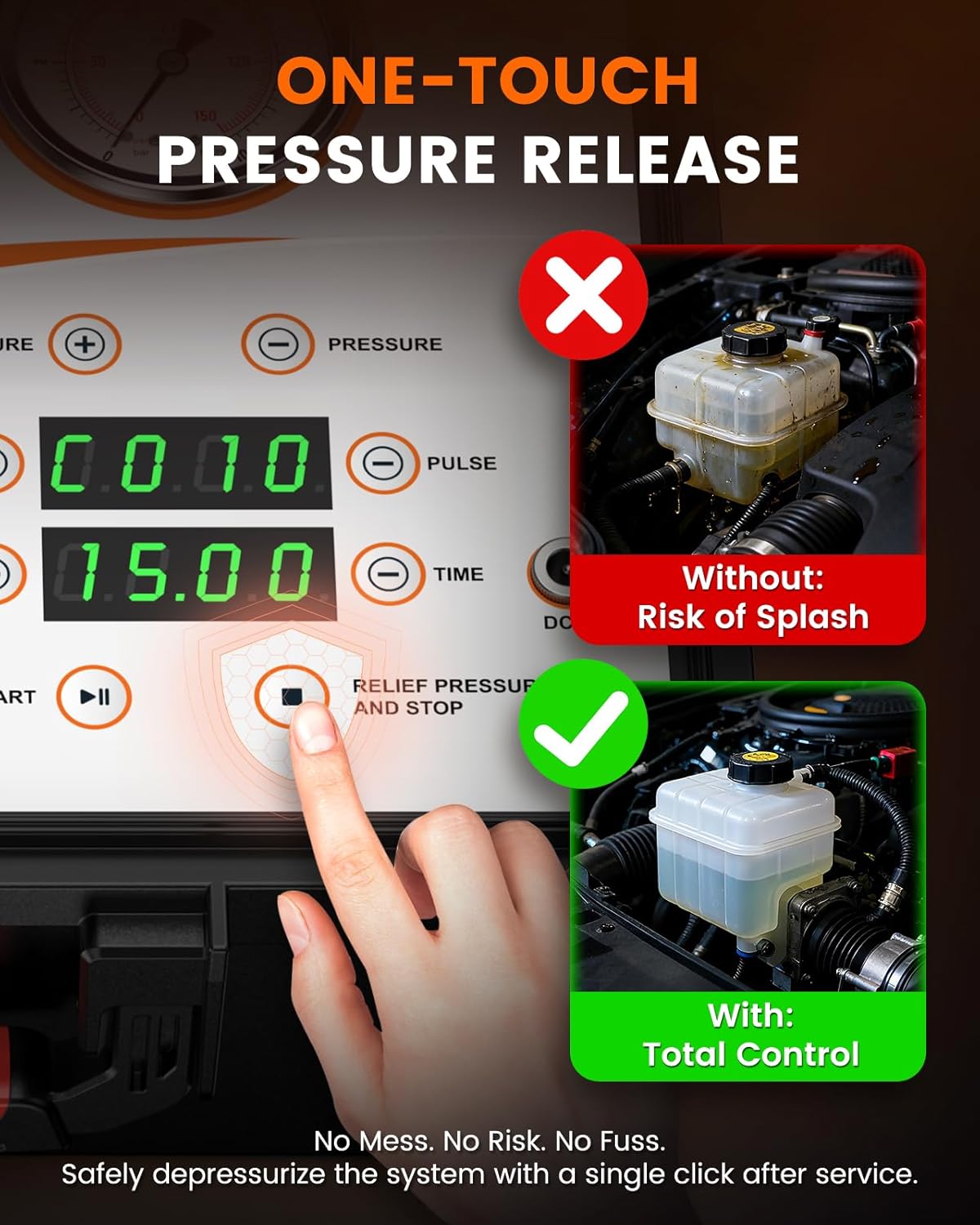 Image demonstrating the one-touch pressure release feature, preventing fluid splash and ensuring safety.