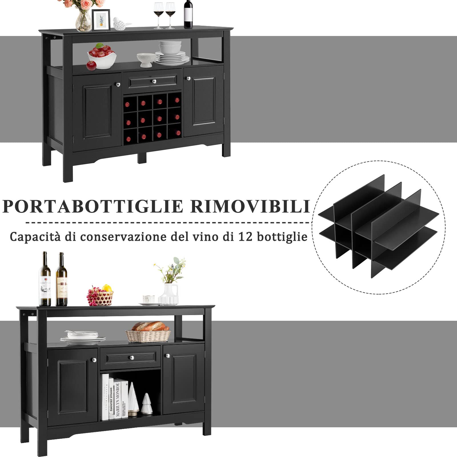 GYMAX Mobile Portabottiglie, Mobile da Buffet, Credenza con Cassetti e Armadietti, Scaffale per 12 Bottiglie in Legno, Ripiano Superiore Aperto, Mobile per Esposizione di Vini (NERO)