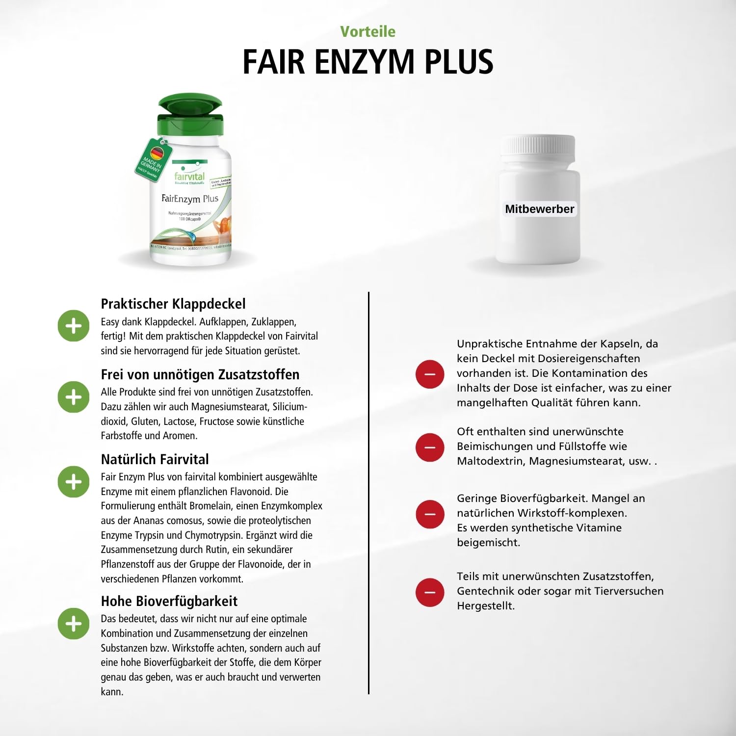 fairvital FairEnzym Plus, 100 DRCaps™, schluckfreundlich, Multi Enzym Komplex, mit Rutosid, Bromelain, Trypsin & Chymotrypsin HOCHDOSIERT