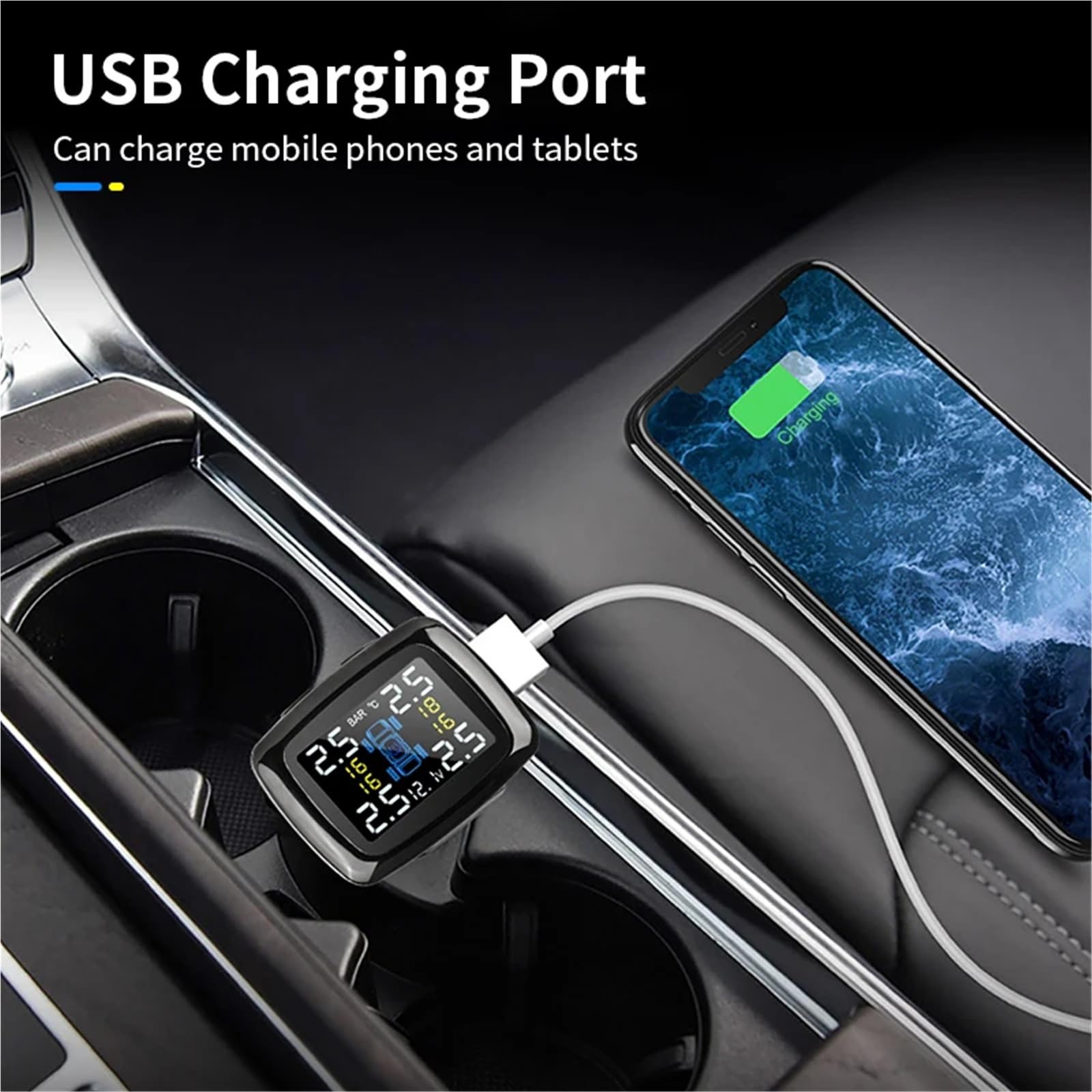 Sistema de Alarma neumáticos TPMS Digital USB Universal inalámbrico con 4 sensores internos externos for Encendedor Cigarrillos Coche(Internal sensors,TY02)