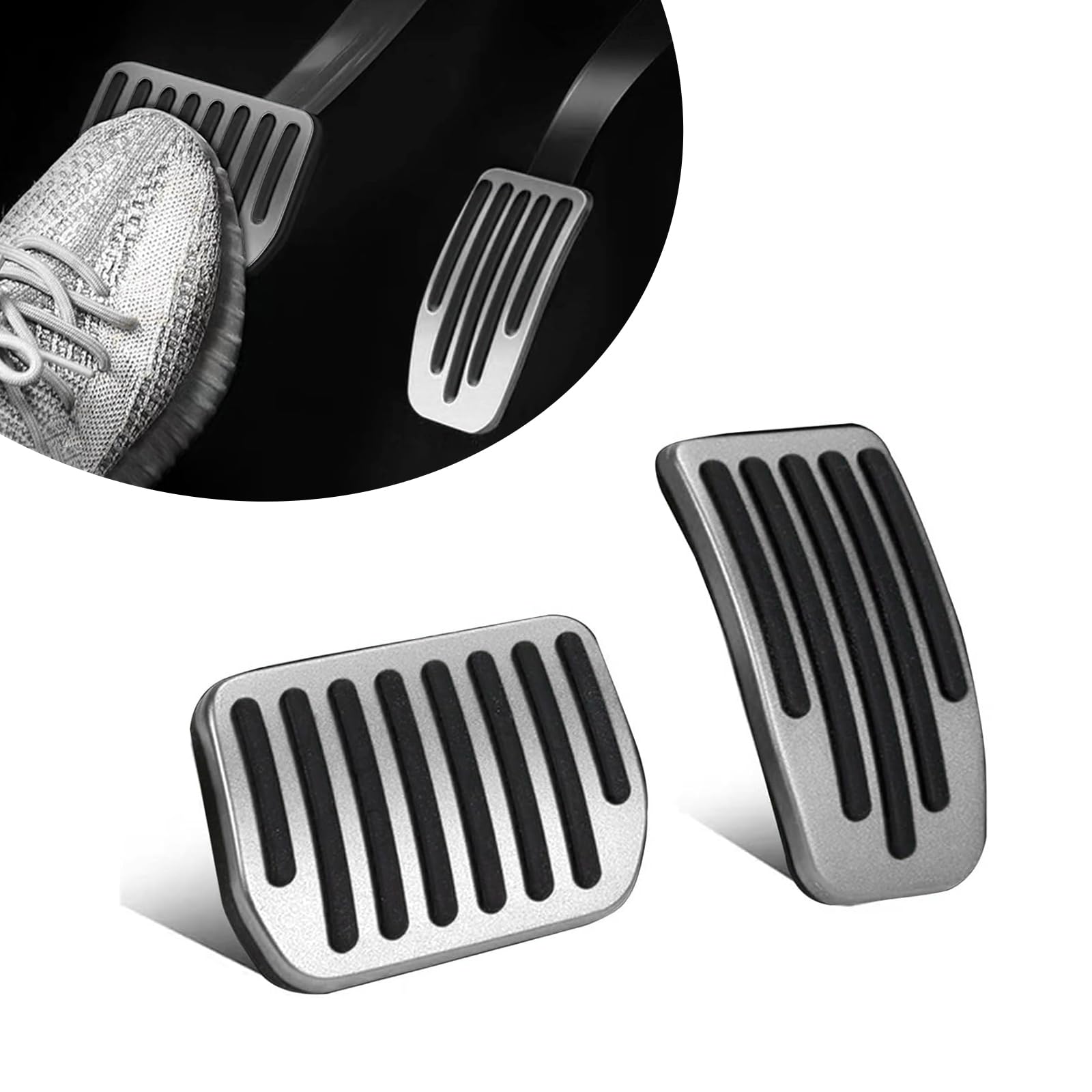 dawfall 2 PCS Tesla Foot Pedal Pads Kit, Brake Accelerator Safety Anti-Slip Pedal, Alloy + Rubber Strip Original Car Molded Pedal Cover Accessories, Compatible with 2019-2024 Tesla Model 3/Y (Silver)