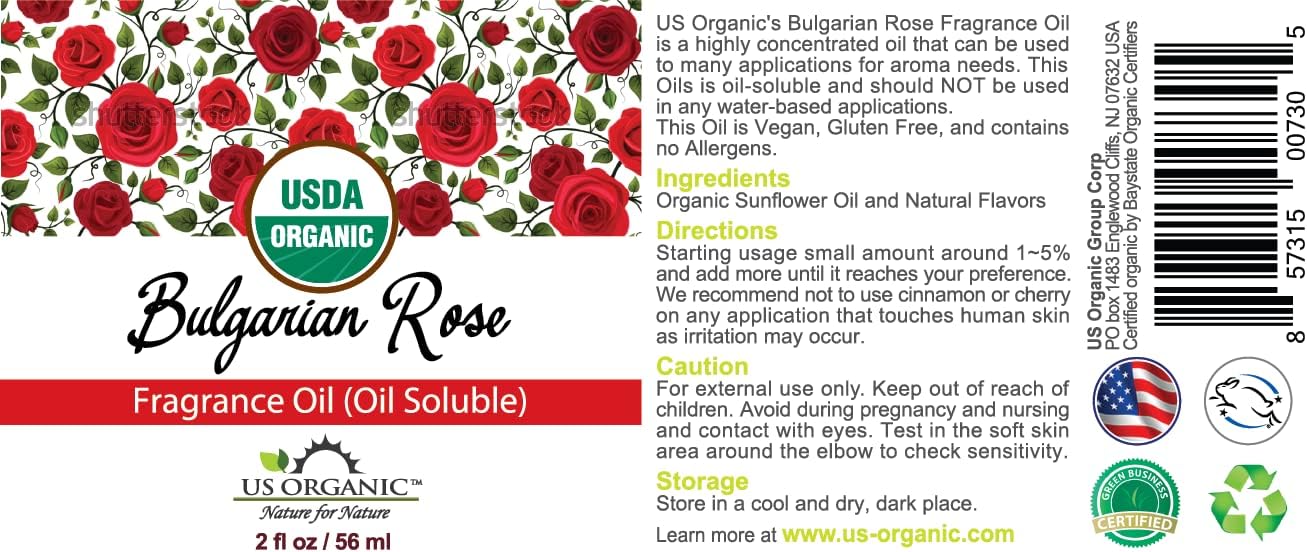 US Organic Bulgarian Rose Fragrance Oil_Oil Soluble_USDA Certified Organic_for Candle, Soap Making, Shampoo, Conditioner, Body Oil, Body Butter, Craft, DIY Projects, and Small Businesses_2 fl oz