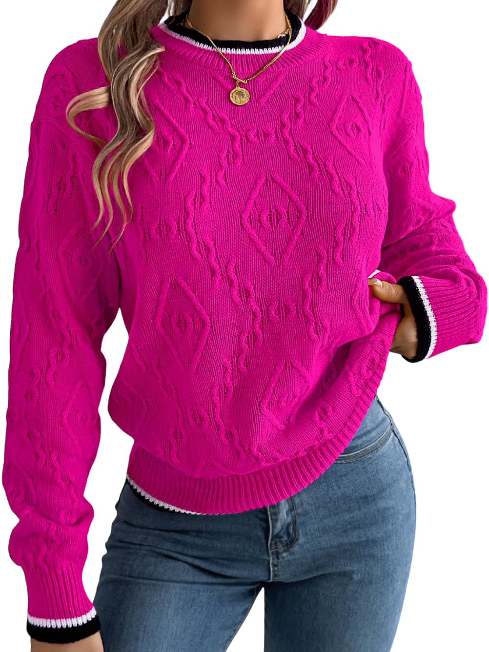 Knit Pullover Sweaters Cable Fall Clothing for Women Lightweight Crochet Long Sleeve Knitted Sweater Winter