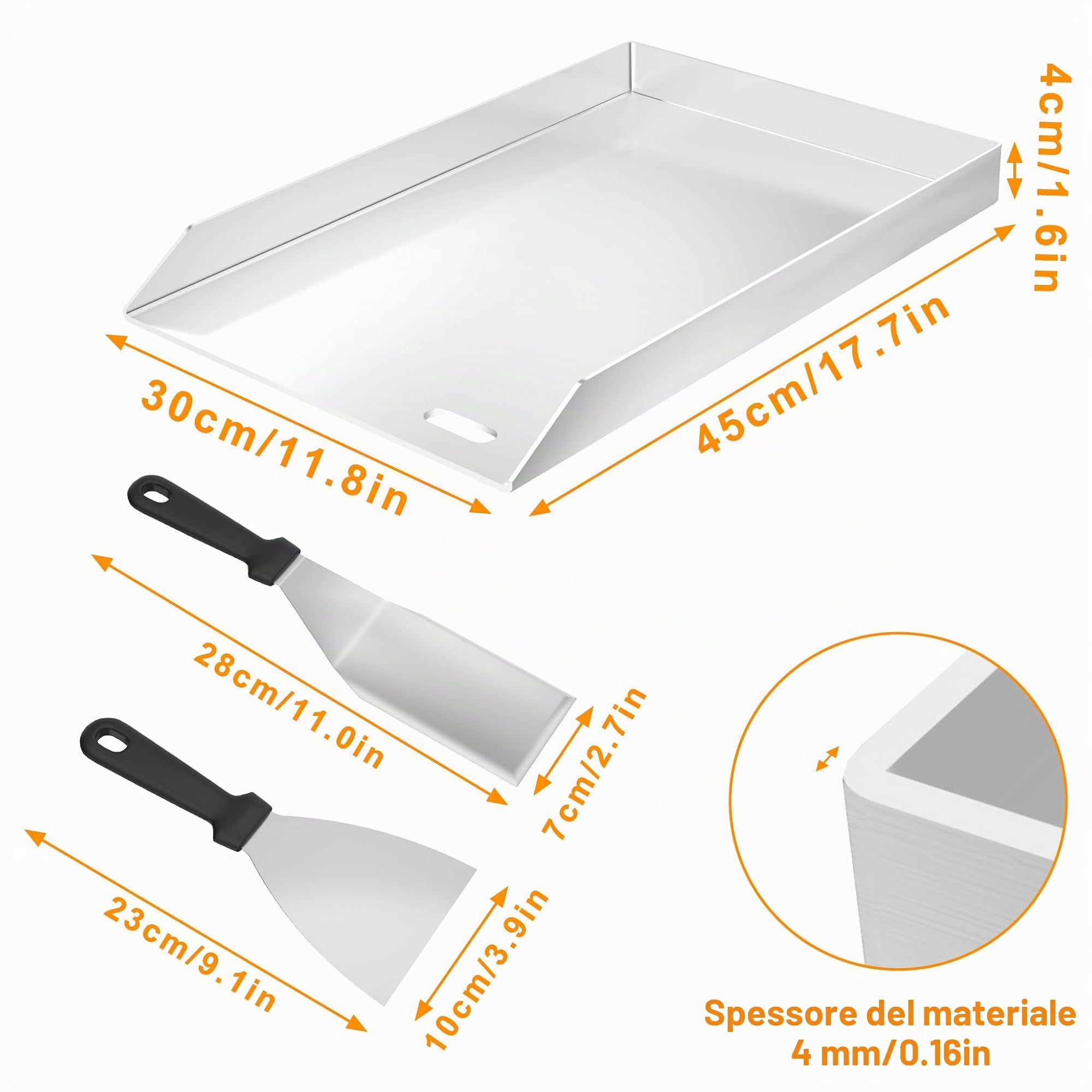 Froadp Piastra per barbecue in acciaio inox, 30 x 45 x 4 cm, universale, con grondaia, per barbecue a gas e a carbonella, con 2 spatole