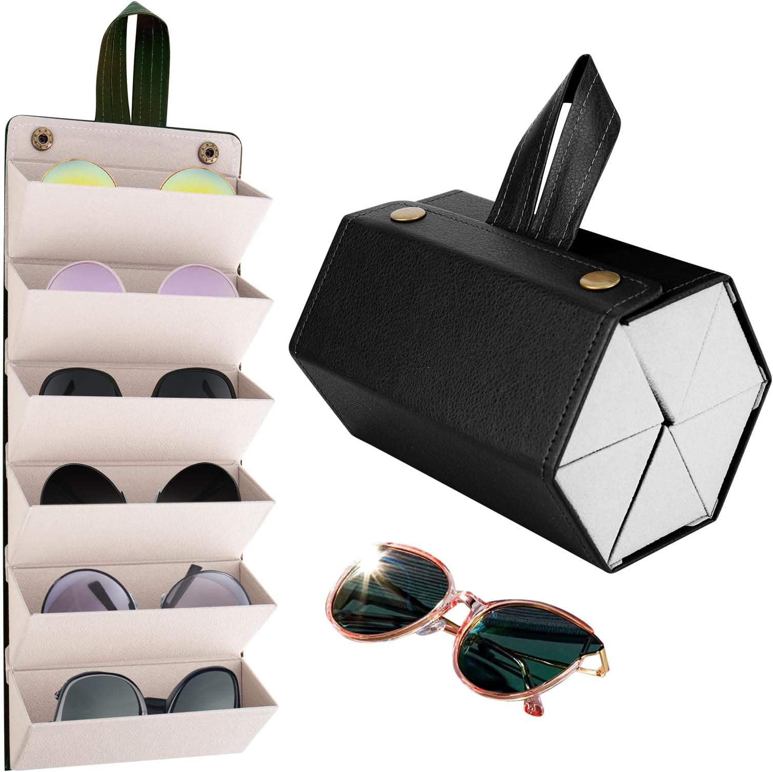 Sunglasses Travel Case, 6-Slot Glasses Storage Box, Foldable Glasses Storage Case, PU Leather Eyewear Storage Box, Multiple Travel Sunglasses Organizer Case, Hanging Glasses Case for Women Men