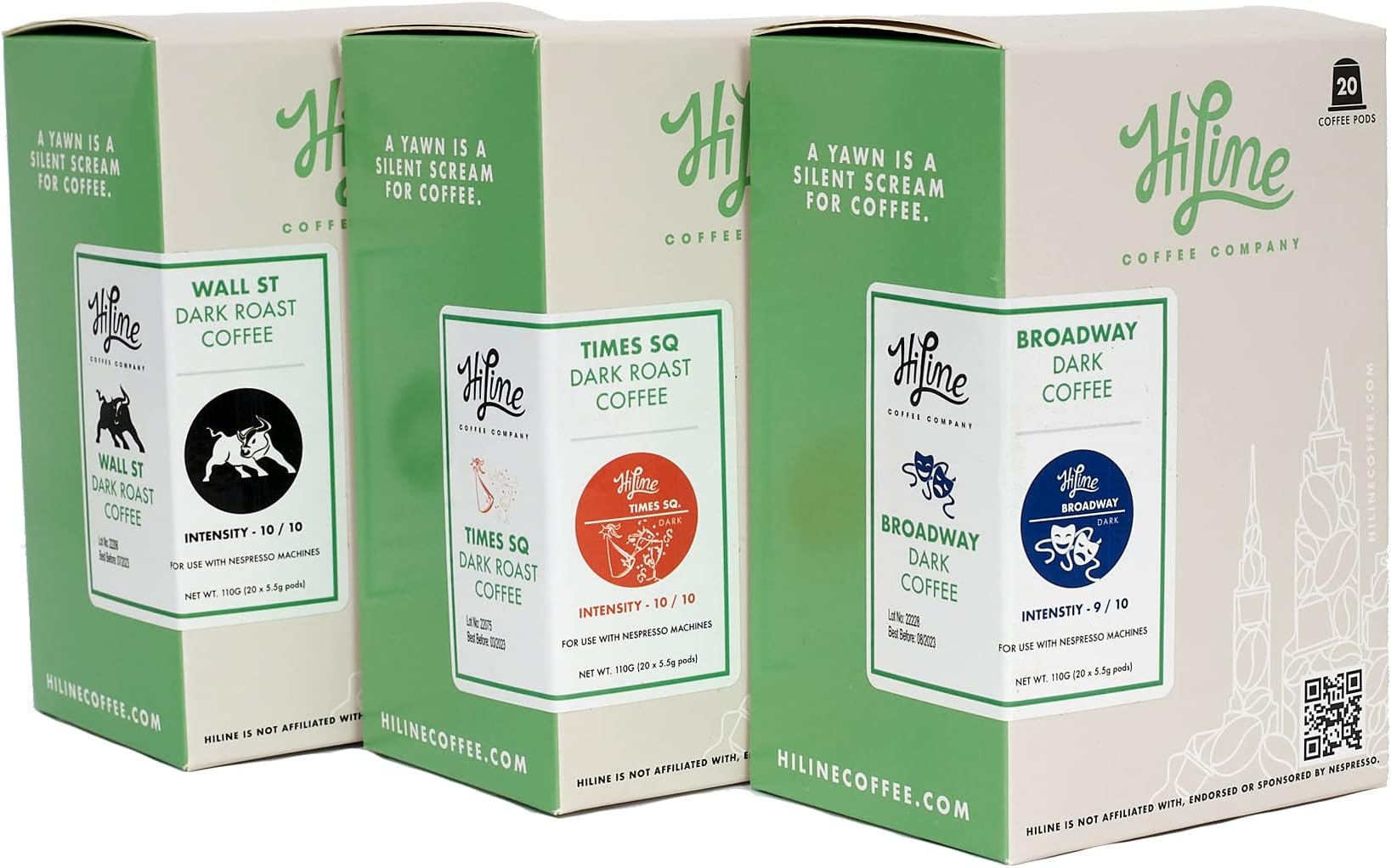 HiLine Espresso Coffee Pods Variety Pack, Dark Roast, 20 Count (Pack of 3), Single Cup Espresso Capsules, Compatible with Nespresso Original Brewers