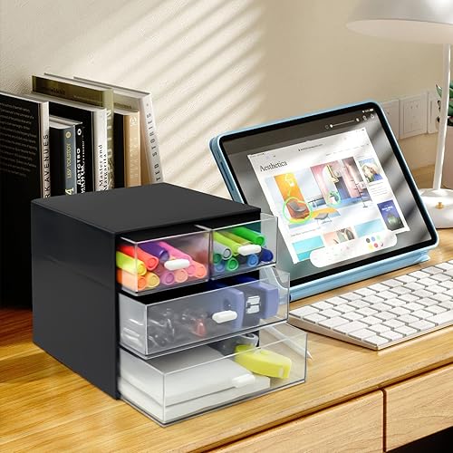 Miniatura 8 de Zuiaso Organizador de escritorio con cajón, caja de almacenamiento de escritorio, organizadores de suministros de papelería de oficina, organizador