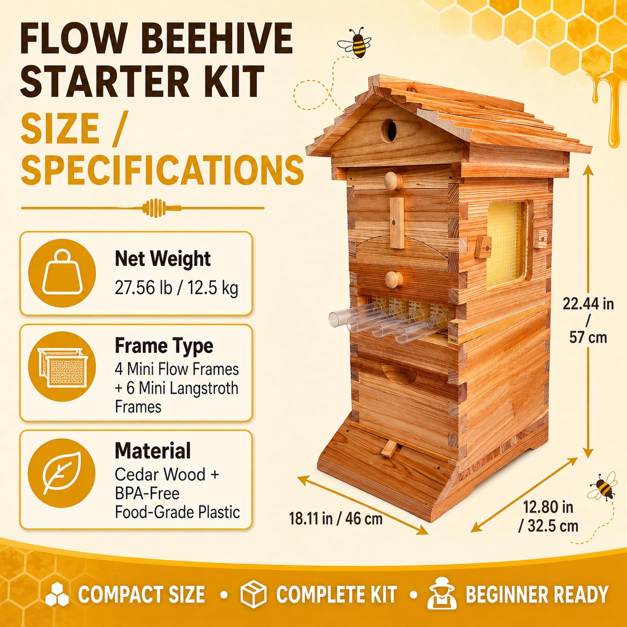 Kit di Avviamento per Arnia, Arnia per Apicoltura, Scatola Completa Api con Finestra di Osservazione Beccuccio Miele, Include Una Casetta per Api Carpentiere per Impollinatori da