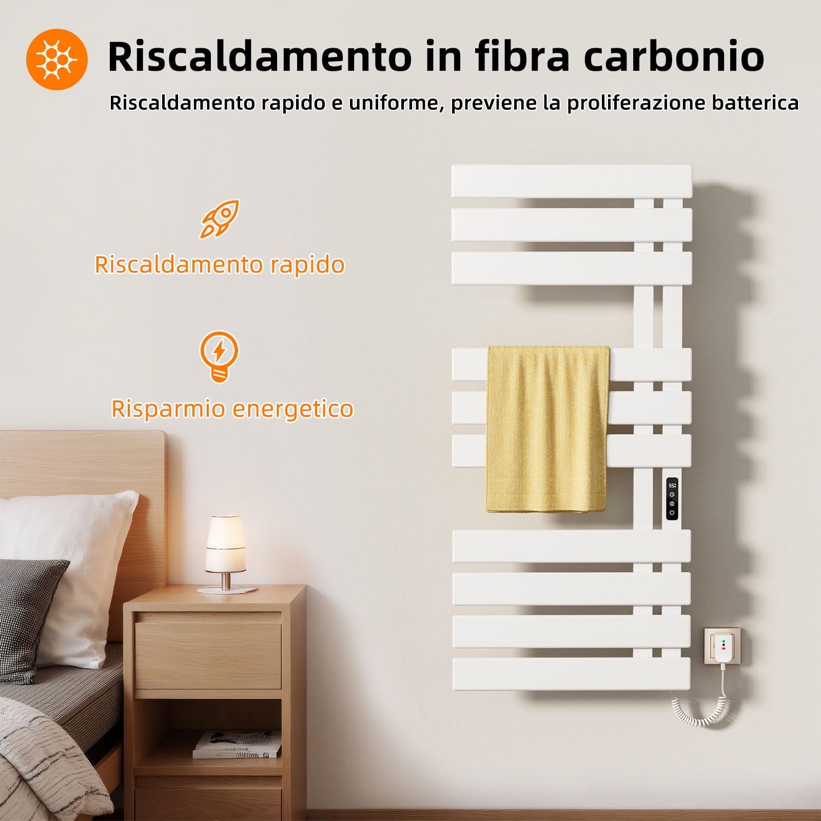 Scaldasalviette Elettrico, Termostato WiFi Smart Scaldasalviette, per Alexa e Google Home e APP, 500x1100 mm, Portasciugamani elettrico, Scaldasalviette Elettrico Bagno Basso Consumo-WIFI White Right