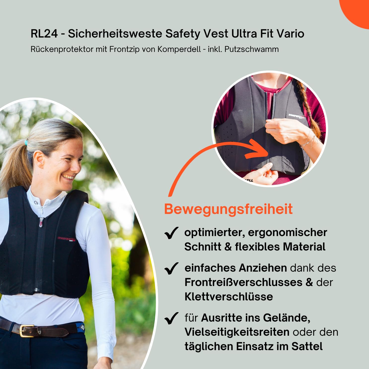 RL24 - Sicherheitsweste Safety Vest Ultra Fit Vario von Komperdell – Rückenprotektor m. Frontzip – Schwarze Protektorenweste – Unisex Schutzweste inkl. Putzschwamm – Gr. XS - XL