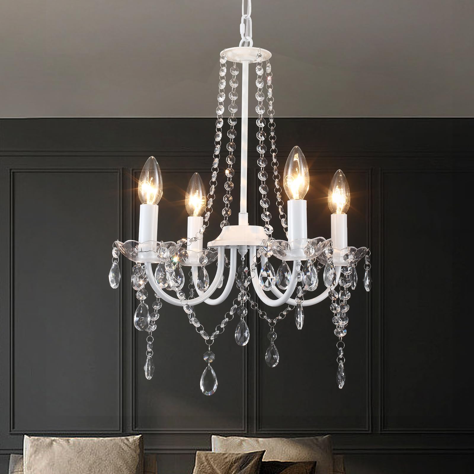 Crystal Chandelier, 4 Lights Chandeliers Ceiling Light Modern Dining Room Lights Ceiling for Living Room, White Chandelier for Bedroom, Kitchen, Hallway, E14 Socket