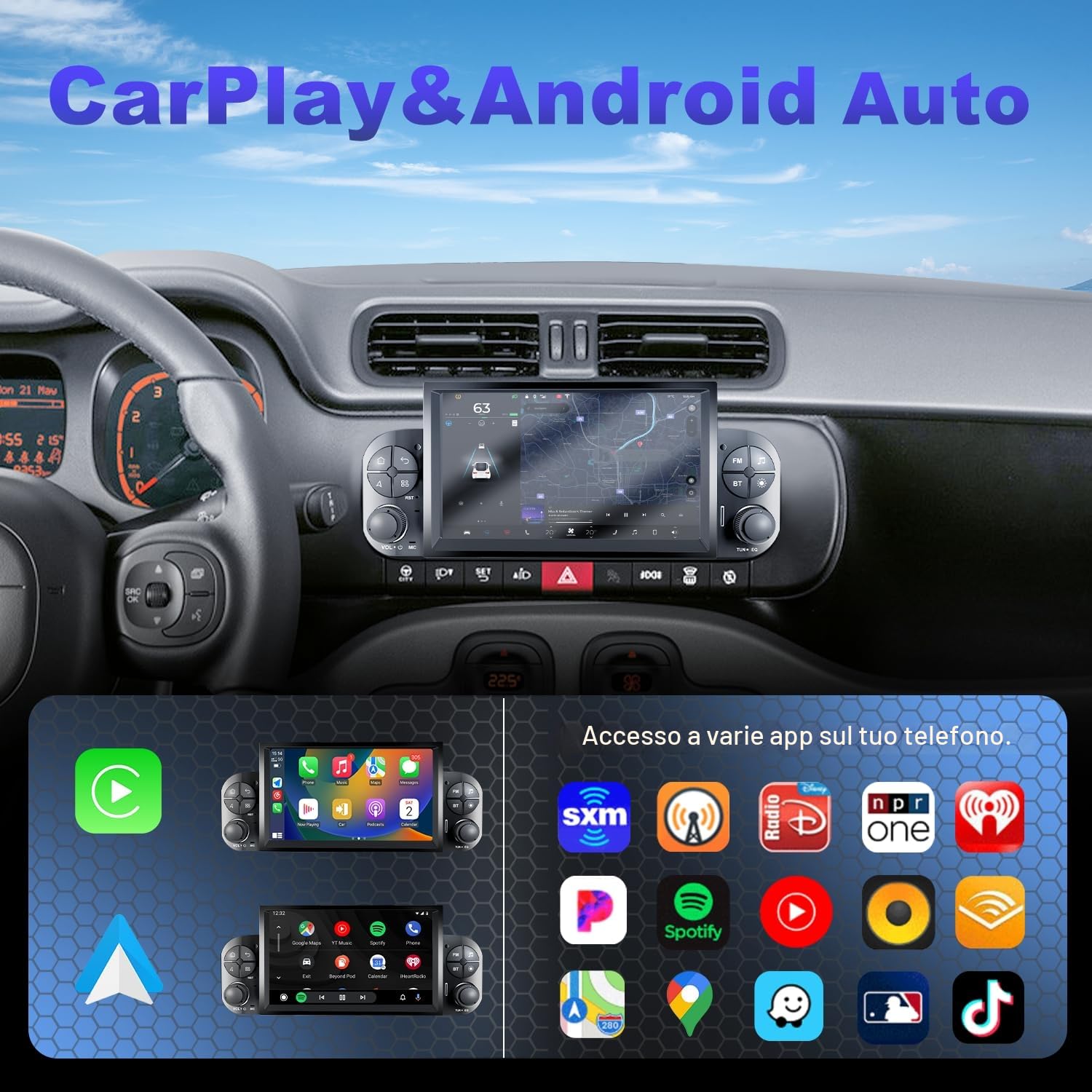 Autoradio per Fiat Panda 319 (2013-2020) con Android Auto e CarPlay Wireless, RDS Car Radio Bluetooth Android Stereo con telecamera retromarcia/Microfono/Canbus Box/WiFi/App Store 2G+32G