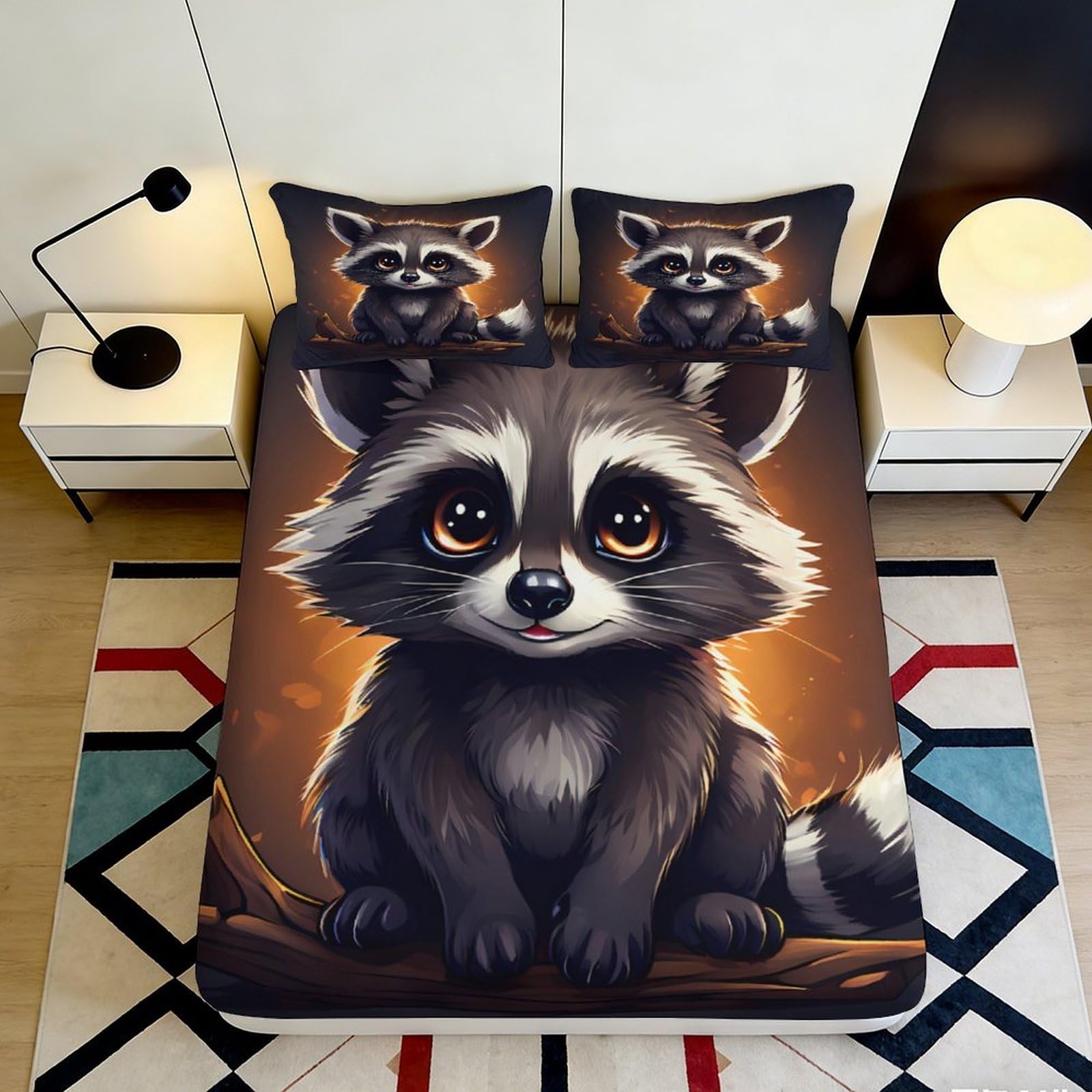 3D Printed Cartoon Raccoon Fitted Sheet Microfiber Deep Pocket Non-Slip Bedroom Bedding Raccoon Mattress Fitted Cover Washable 200x200x25cm