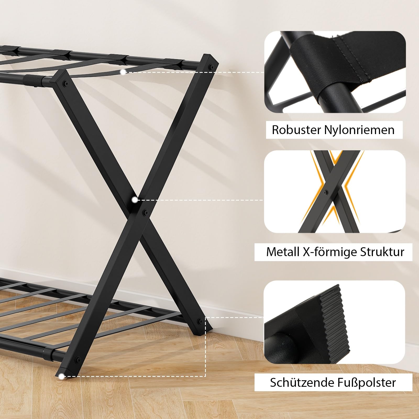 GIANTEX Kofferständer Klappbar, 2er Set, 2-Stöckige Kofferablage Metall, Gepäckablage Gepäckständer Hotel Gästezimmer, Kofferbock Klappbar Platzsparend, Schwarz, 68x 45 x 57 cm