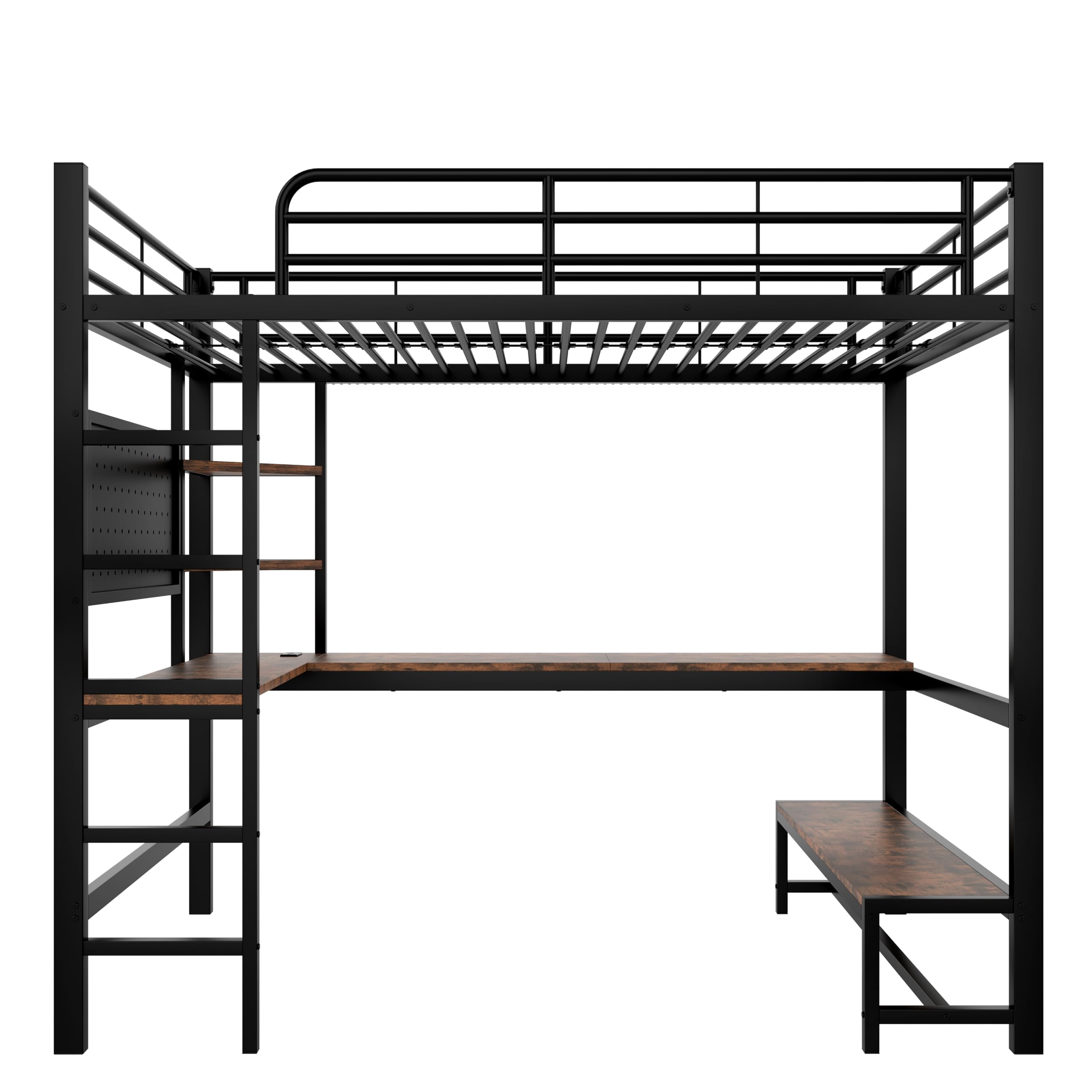 Lubvtti Cama alta 90x200, con escritorio, toma USB+TYPE-C, tira LED, estantes, panel perforado, cama apilable para niños, estructura de cama infantil de hierro (B-Negro)
