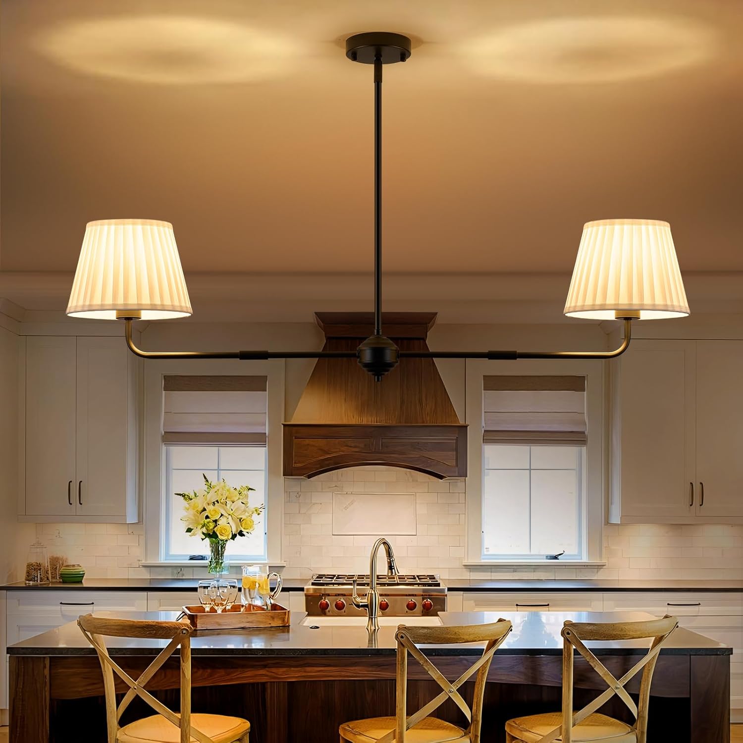 Karjear Black Linear Chandelier, 43.3" Modern Kitchen Island Lighting, Double Linear Dining Room Light Fixtures with White Fabric Shade for Kitchen Dining Room Restaurant Living Room, LTMM08-2BK