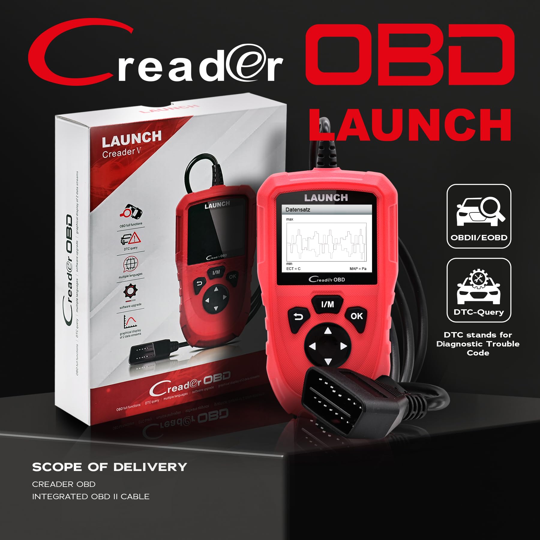 Launch CR OBD OBD2 Diagnosegerät,OBDII/EOBD Diagnose Fehlerspeicher Auslesen, KFZ Auslesegerät Auto mit DTC-Definition, I/M-Bereitschaft, EVAP &O2-Sensortests,8 Sprachen, 2,8 Zoll TFT Farbbildschirm