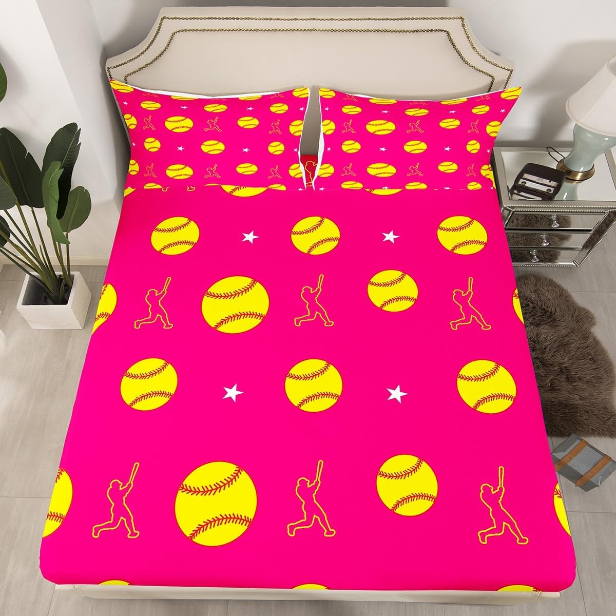 Feelyou Softball Fitted Sheet for Girls Boys Kids Full Size Badseball Bedding Set Room Decorative Softball Gaming Bed Sheet Set Ball Sports Hot Pink Yellow Bed Cover 3Pcs