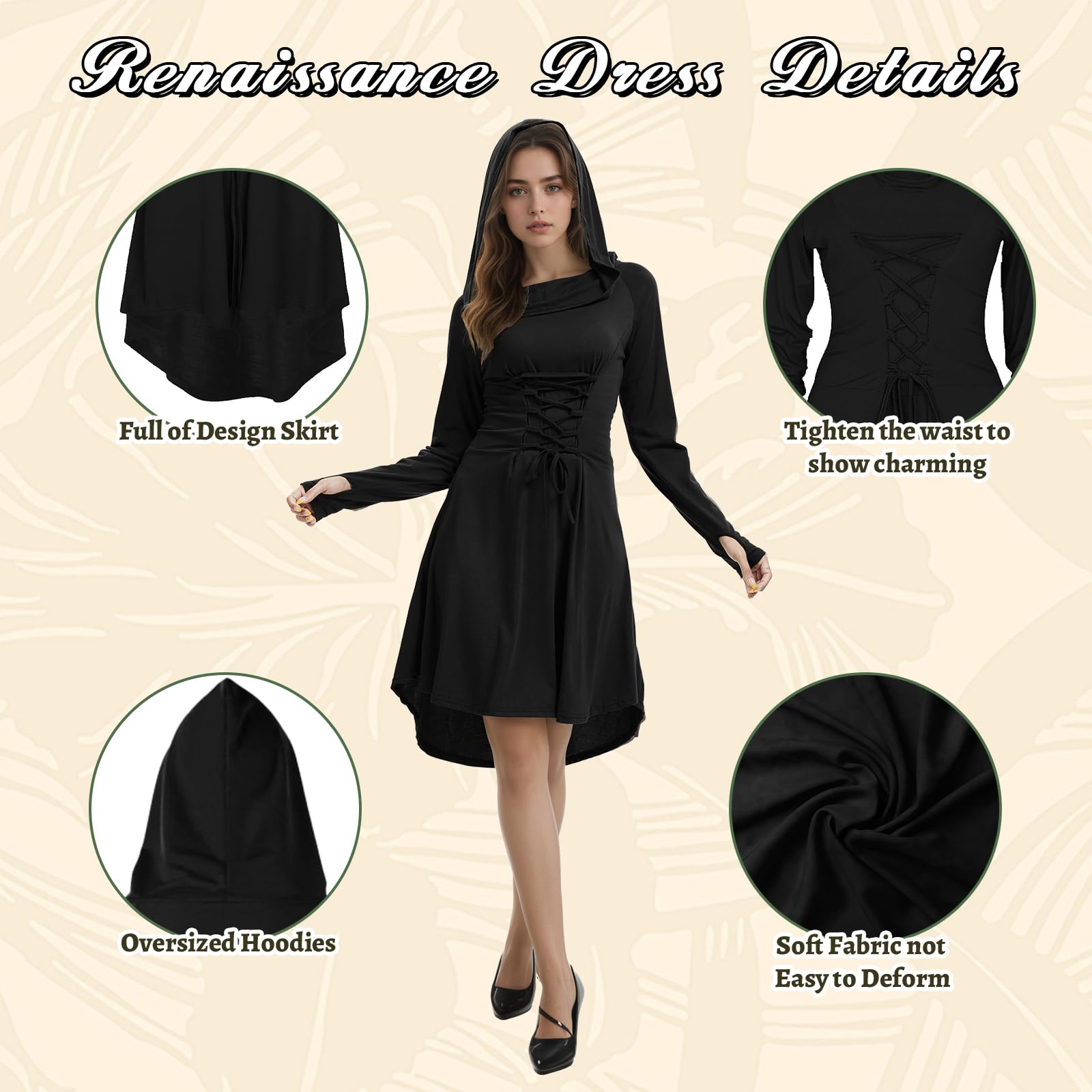Robe Medievale Femme, Costumes Renaissance Capuche avec Lacets Vintage Pull Hoodie Gothique