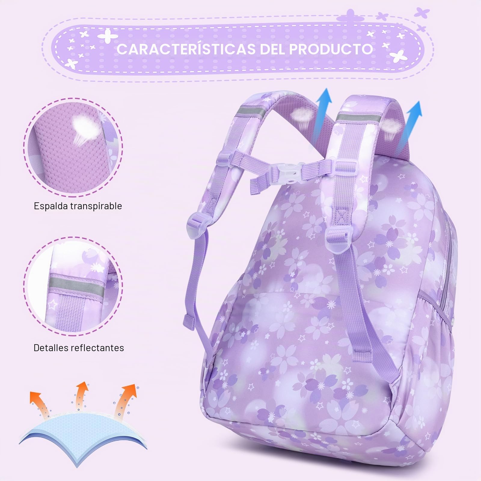 Mochilas escolares para niñas, capacidad Lagre,mochilas para niñas para primaria (Mochila Infantil + Bolsa de Almuerzo Aislada + Estuche Para Lápices, Color Morado)