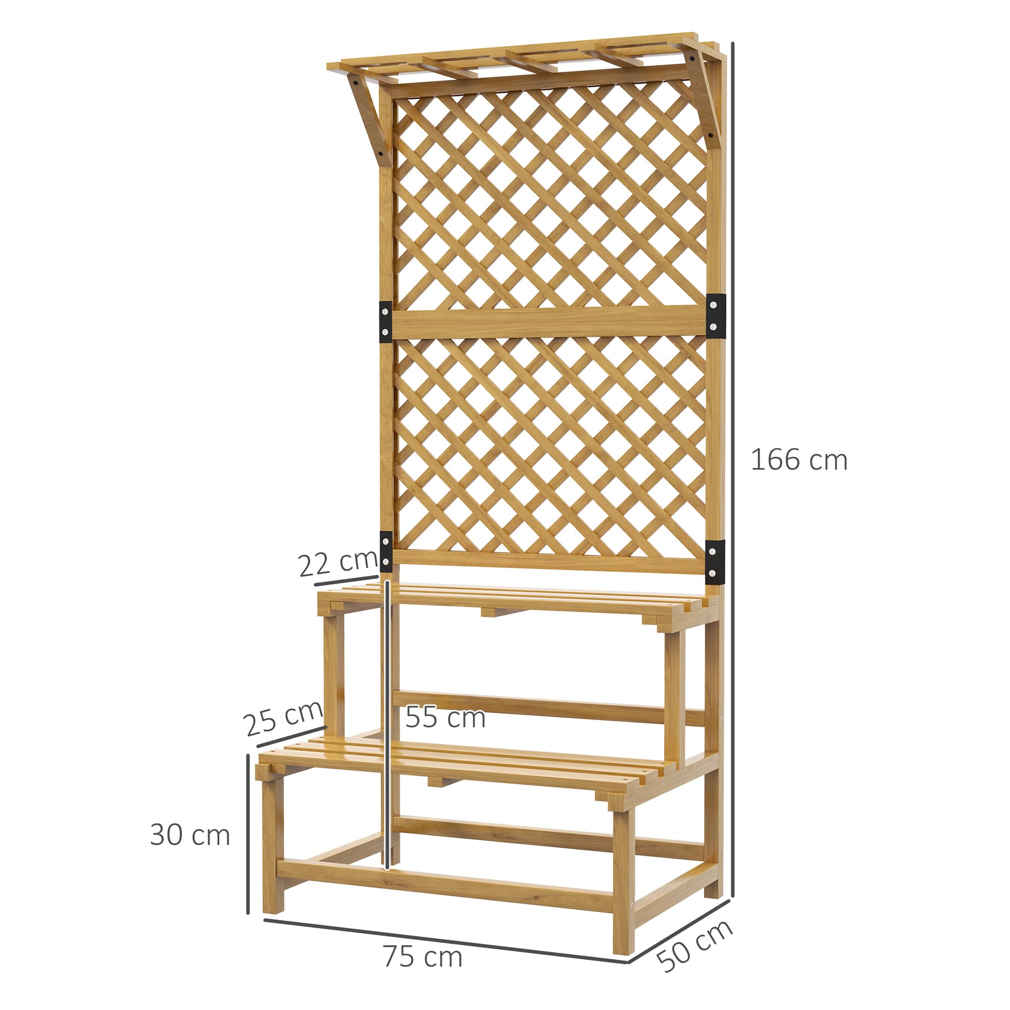 Outsunny Soporte para Plantas de Madera Estantería para Plantas de 2 Niveles Soporte para Macetas Exterior con Enrejado para Jardín Patio Terraza 75x50x166 cm Natural