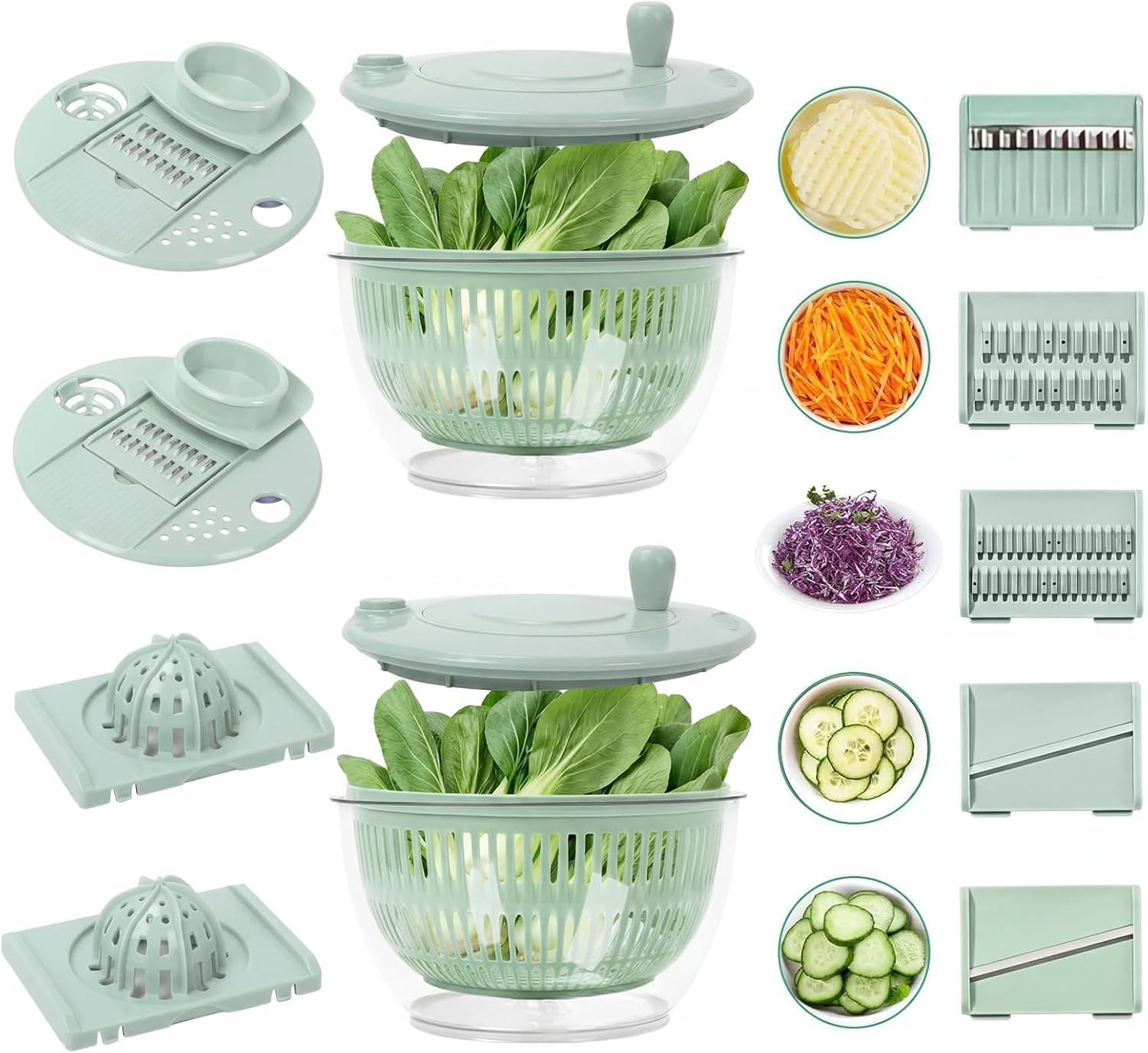 2-Pack Large Salad Spinner and Slicer - 5.3 Qt, 3 IN 1 Large Vegetables & Fruits Wash Bowl, Lettuce Washer Spinne with 5 Blade Slicer Egg Yolk Strainer, Bowl for Efficient Salad Preparation (Green)