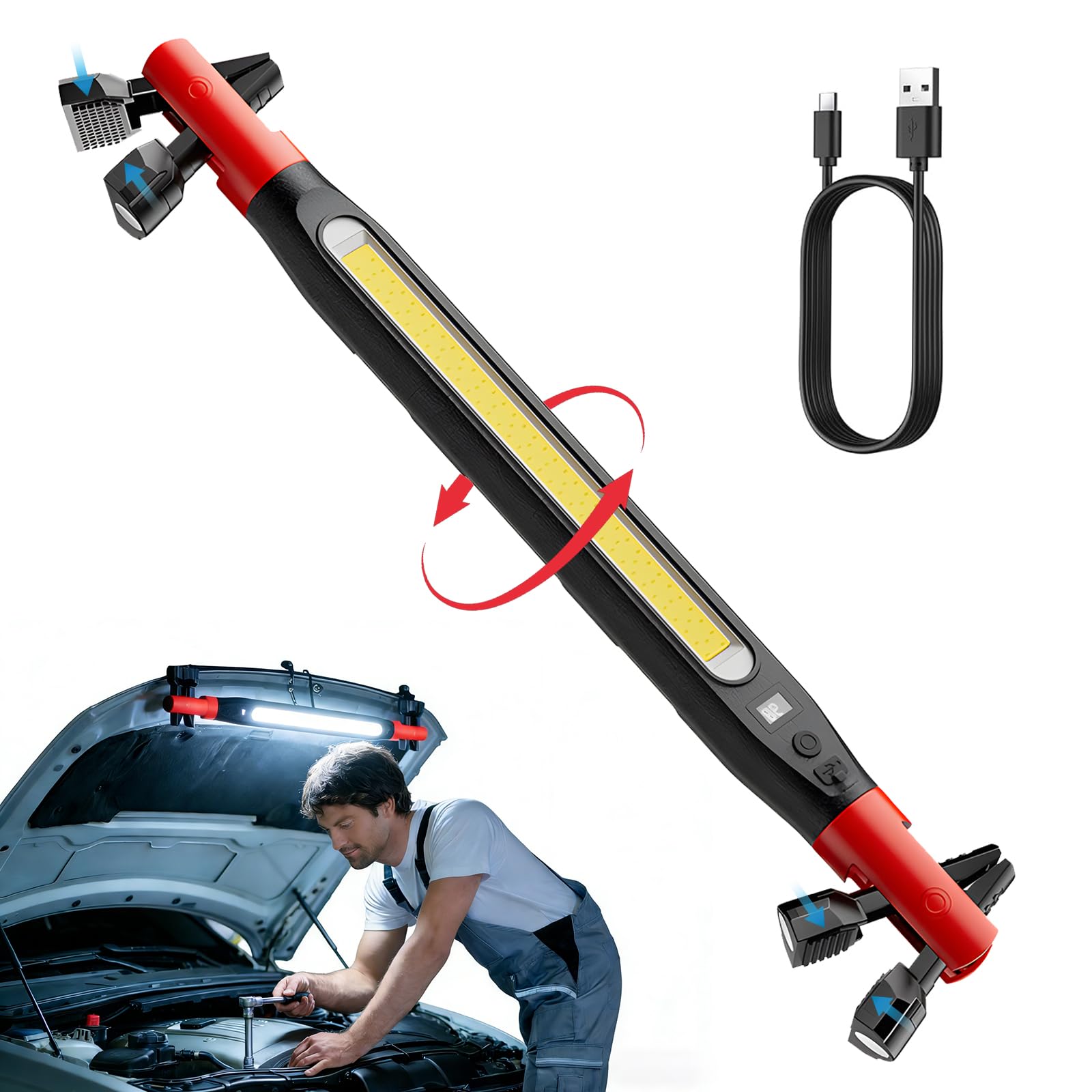 Lampada da Lavoro LED Magnetica Ricaricabile, Fancysky Lampada Officina COB con Display LCD, Torcia da Lavoro Rotante per Riparazione Auto, Campeggio ed Emergenza, USB Type-C