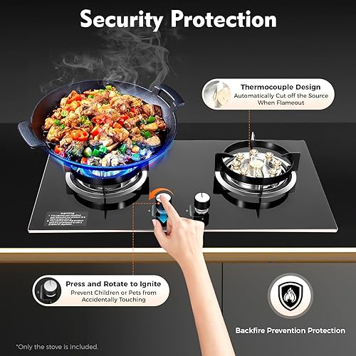 Miniatura 3 de Placa de cocina de gas natural de 2 quemadores, estufa de gas natural incorporada, estufa de vidrio templado con protección antitemplado para