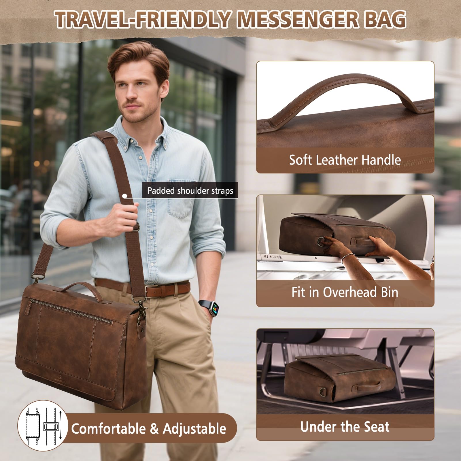 RAINSMORE Aktentasche Herren PU Leder Wasserdichte Umhängetasche Laptoptasche 15,6 Zoll Vintage Groß Arbeitstasche Messenger Bag Schultertasche für Arbeit Büro Uni Schule
