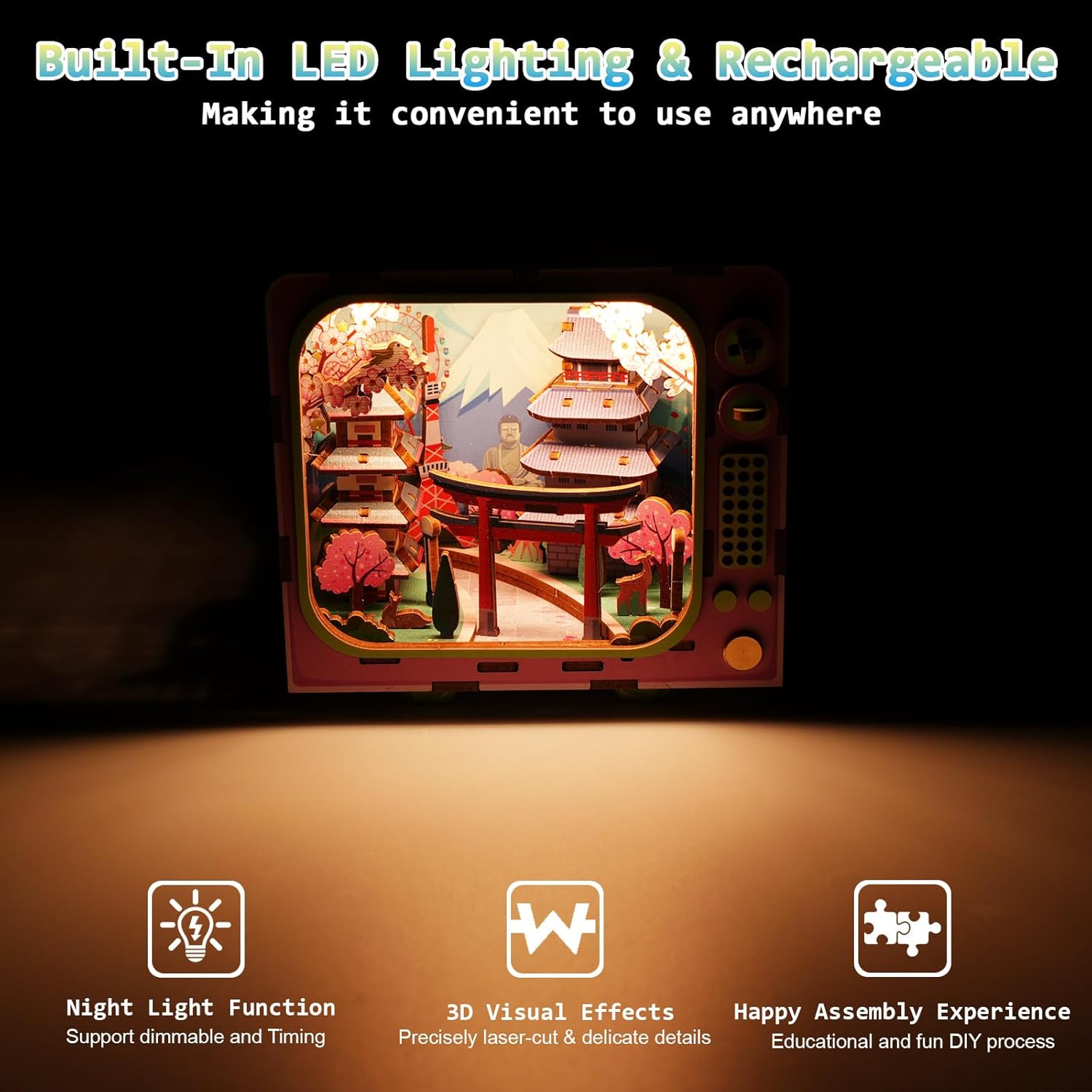 Under Mount Fuji 3D Wooden Puzzle with LED Lights, DIY Craft Model Kit for Adults & Kids, Creative Building Set and Unique Home Decor Gift