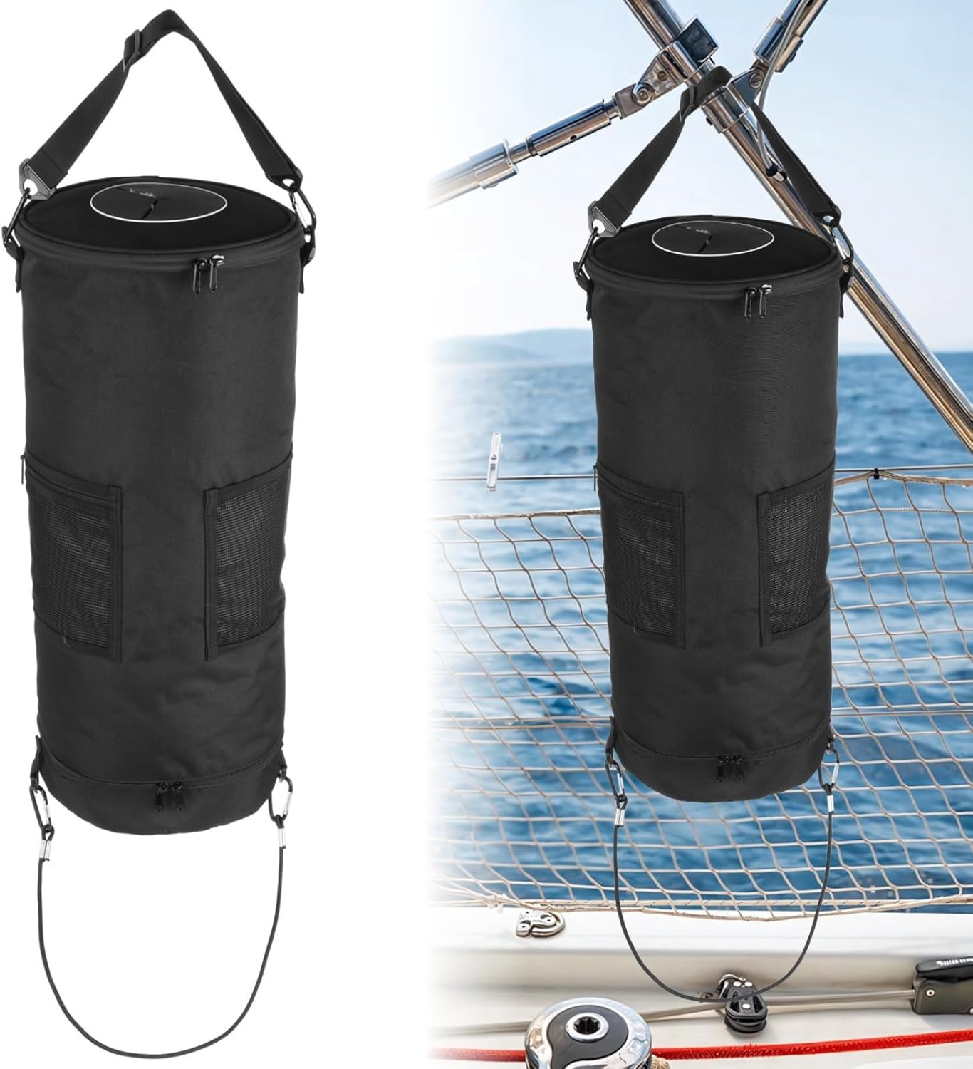 9 Gal Portable Marine Trash Can, Hanging Marine Garbage Bag for RVs Camping, Zippered Odor and Resistant Material Oxford Cloth, Adjustable Detachable Straps, Silicone Top Opening