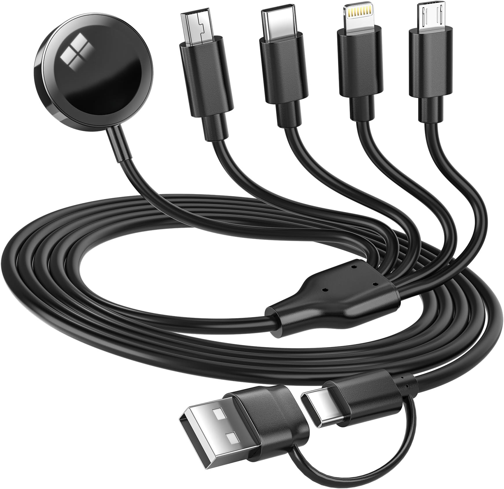 YIFYSUN 5-in-2 Multi Charging Cable for Apple Watch Charger: USB A/C Input, Lightning/Type C/Micro/Mini B/Wireless Output, Compatible with iPhone 15-13, iWatch 1-9, Galaxy S23-22, 4FT (Black)