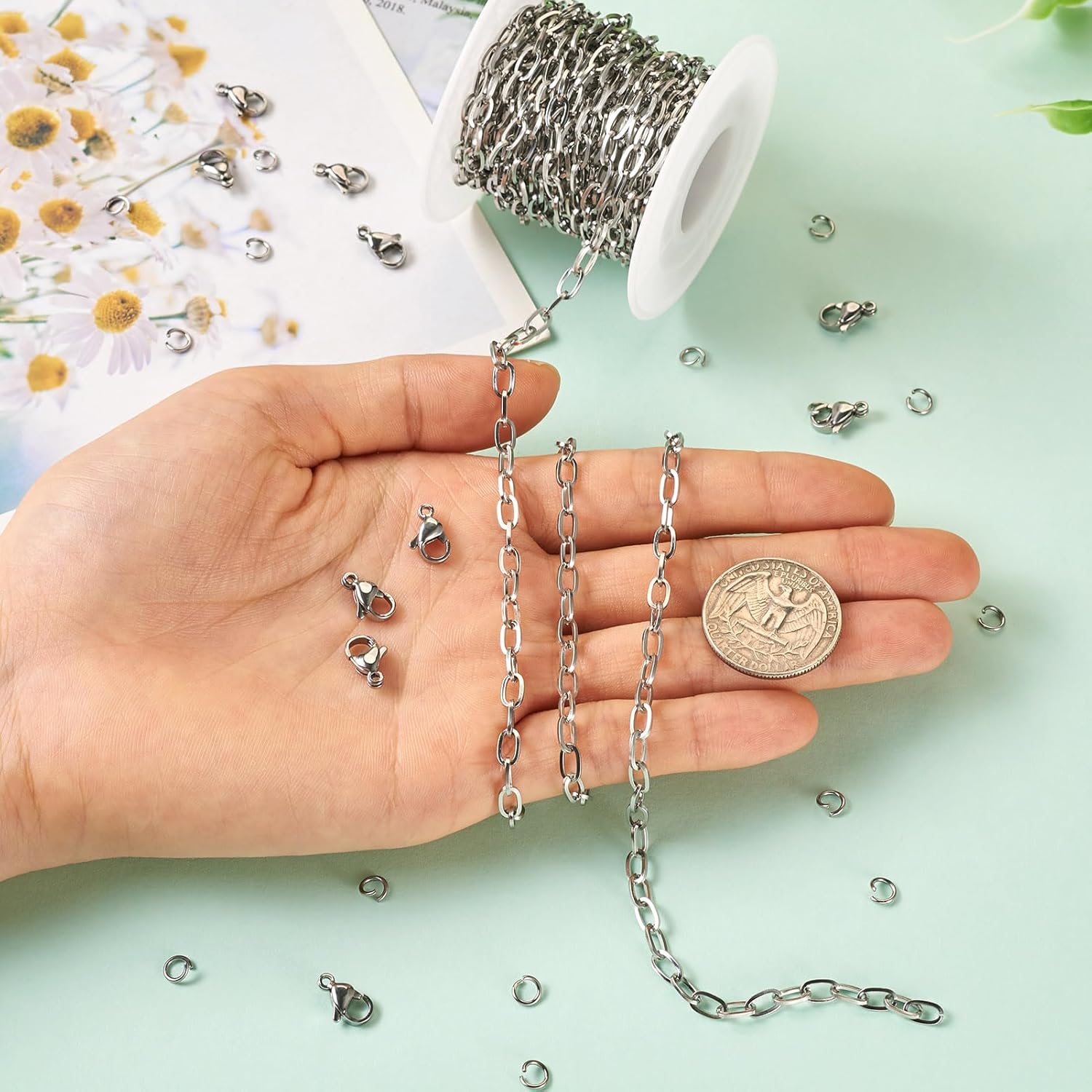 Pandahall 16.4 Feet Stainless Steel Paperclip Chain 7x4x1mm Textured Flat Oval Cable Metal Jewelry Bulk With Jump Rings Lobster Clasps for DIY Jewelry Making Necklace - Image 7