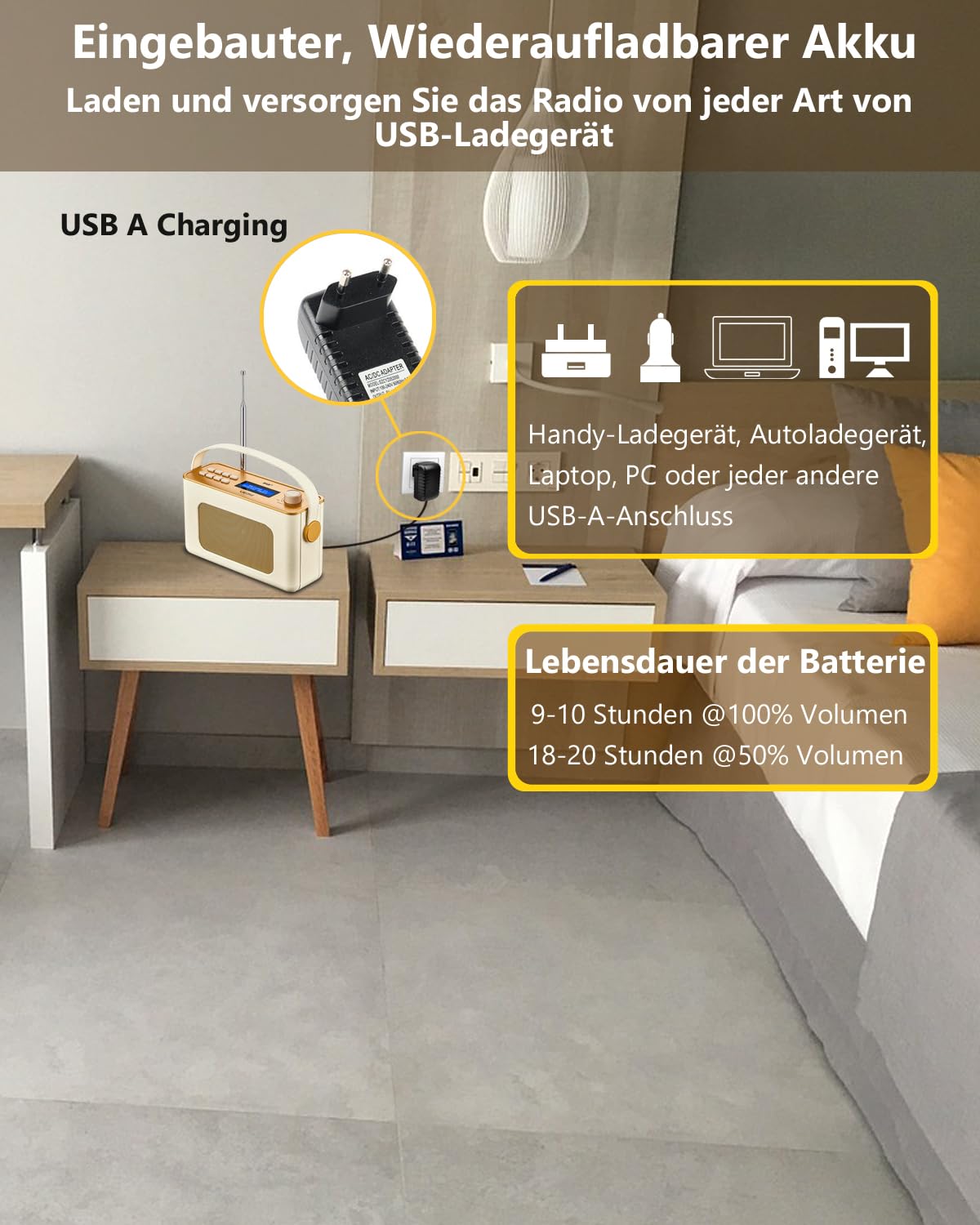Tragbarer Retro Design DAB Plus/FM Radio, Bluetooth Lautsprecher DAB + Radio mit Wiederaufladbarer Lithium-Akku, Radiowecker, Starkem Empfang, Inklusive DC Netzkabel(Crème)