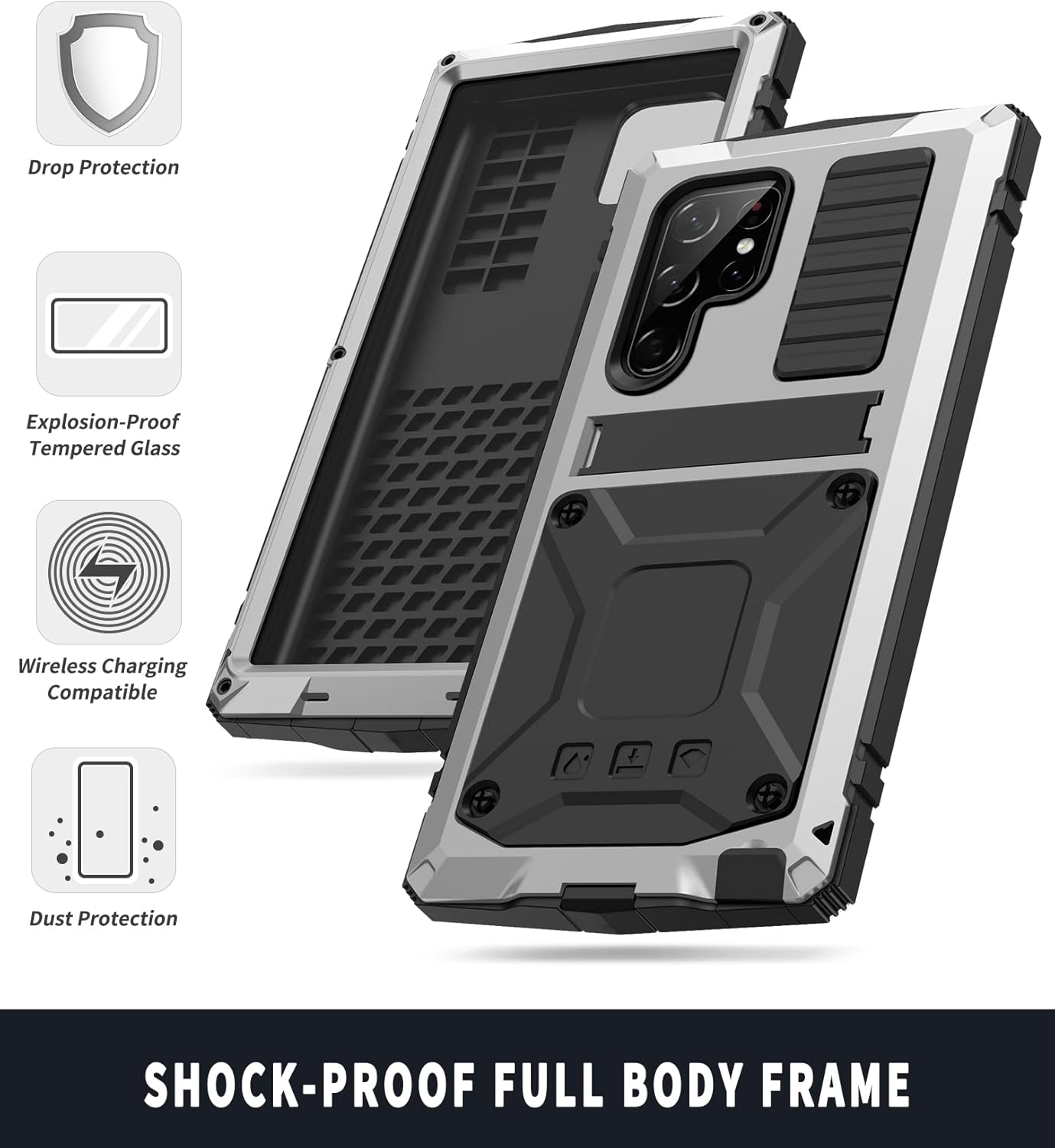 Simicoo Compatible with Samsung S22 Ultra Metal Case with Screen Protector Camera Protector Military Rugged Heavy Duty Shockproof Case with Stand Full Cover Tough case for S22 Ultra (Sliver)