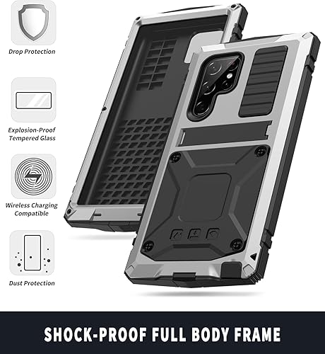 Miniatura 6 de Funda de metal para Samsung S22 Ultra 5G con protector de pantalla con función atril, resistente armadura militar duradera, cuerpo completo,