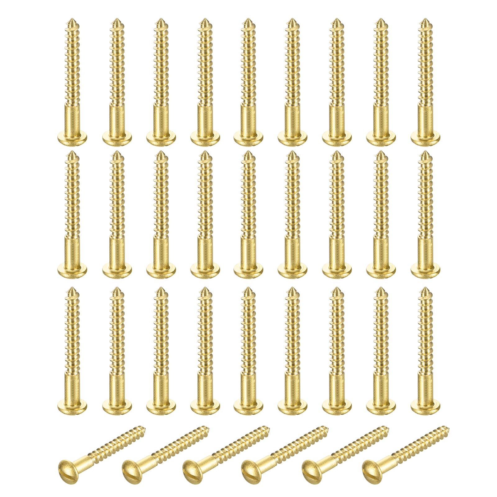 sourcing map 35 Pcs Brass Screws, M3 x 30mm Solid Slotted Round Head Self-Tapping Wood Screw Fasteners for Woodworking Furniture Repair Photo Frame Drywall Home Appliances, Gold