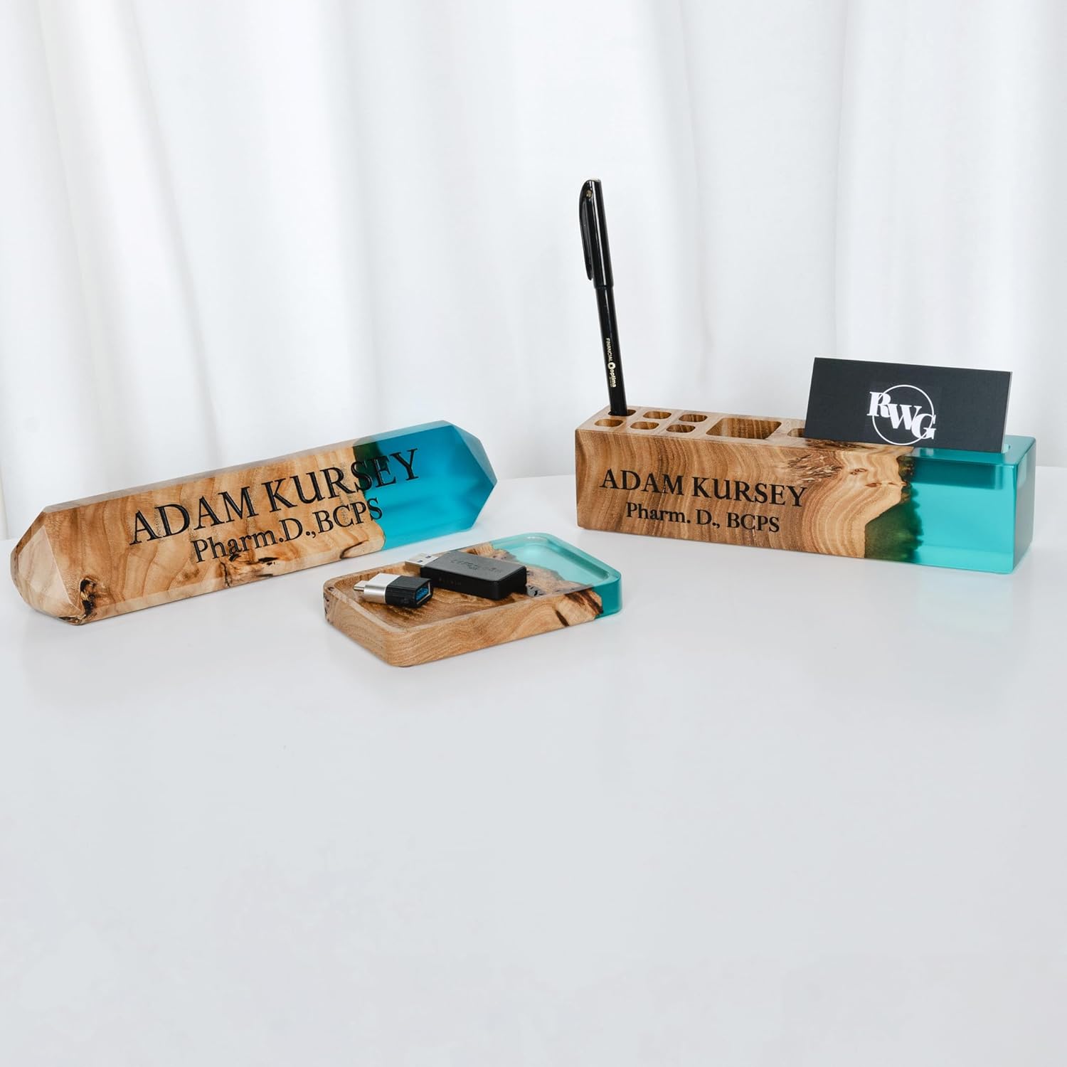 RWA Custom Desk Name Plate Personalized - Epoxy Wood Office Decor for Men & Women – Unique Office Desk Accessories for Professionals - Cute Name Plate for Desk – Custom Gift Name Tag, Blue/dark