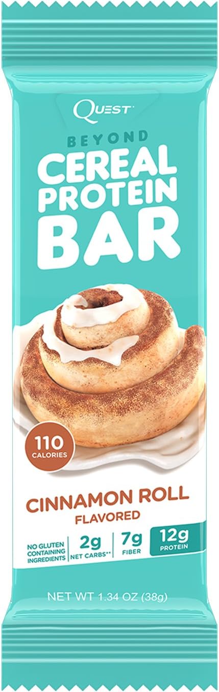 Quest Nutrition Beyond Cereal Protein Bar, Cinnamon Roll Flavor, 12g Protein, 2g Net Carbs, 110 Cals, 1.34oz Bar, 15 Count, Breakfast Bars, Low Carbs Bars, Gluten Free, Soy Free