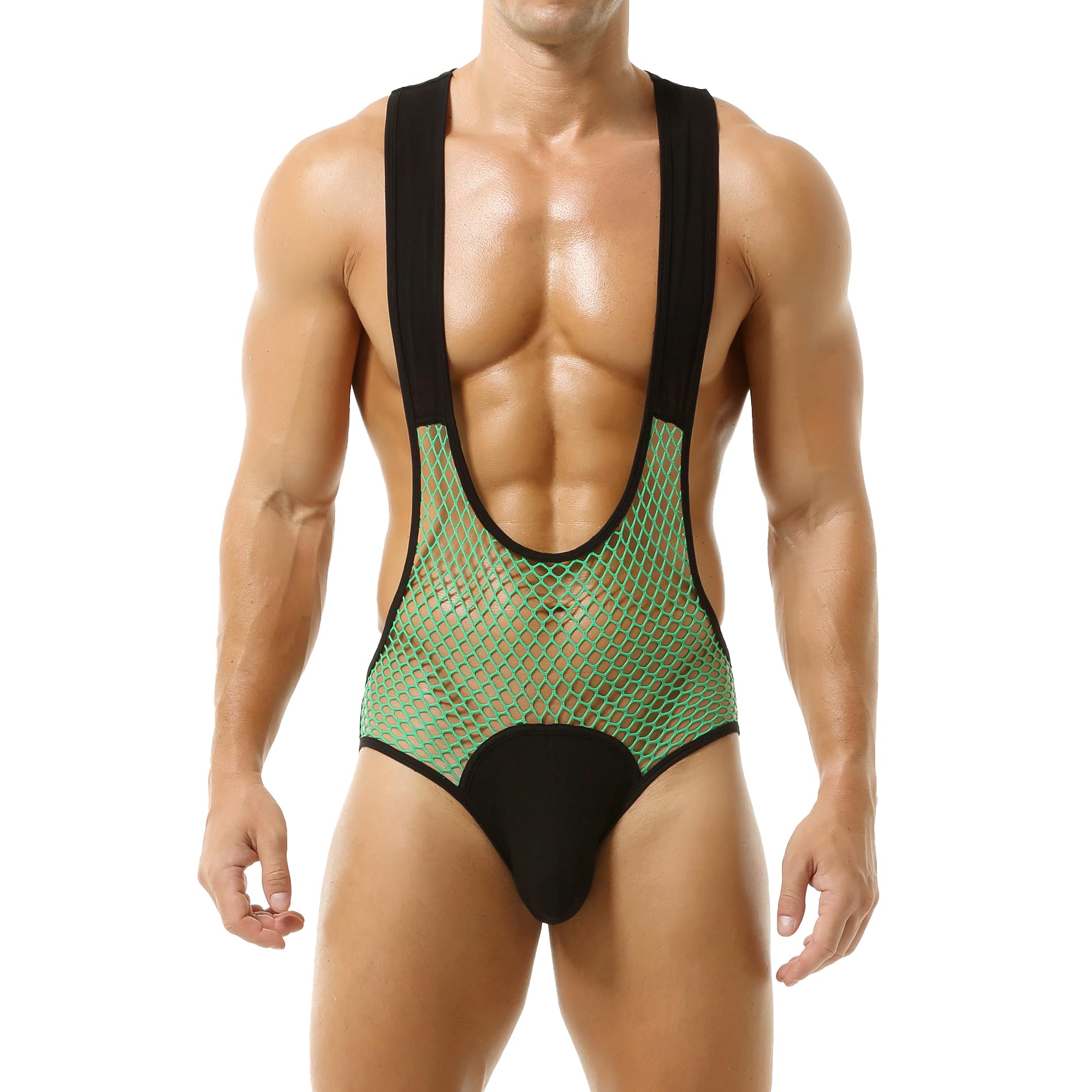 YOOBNG Mens Mesh Bodysuit See Through Wrestling Singlet Fishnet Jockstrap Leotrad for Nightwear