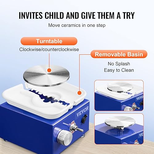 Miniatura 4 de VEVOR Mini rueda de cerámica, para niños o principiantes, 2 platos giratorios de 2.6 pulgadas3.9 pulgadas, lavabo desmontable ABS de velocidad