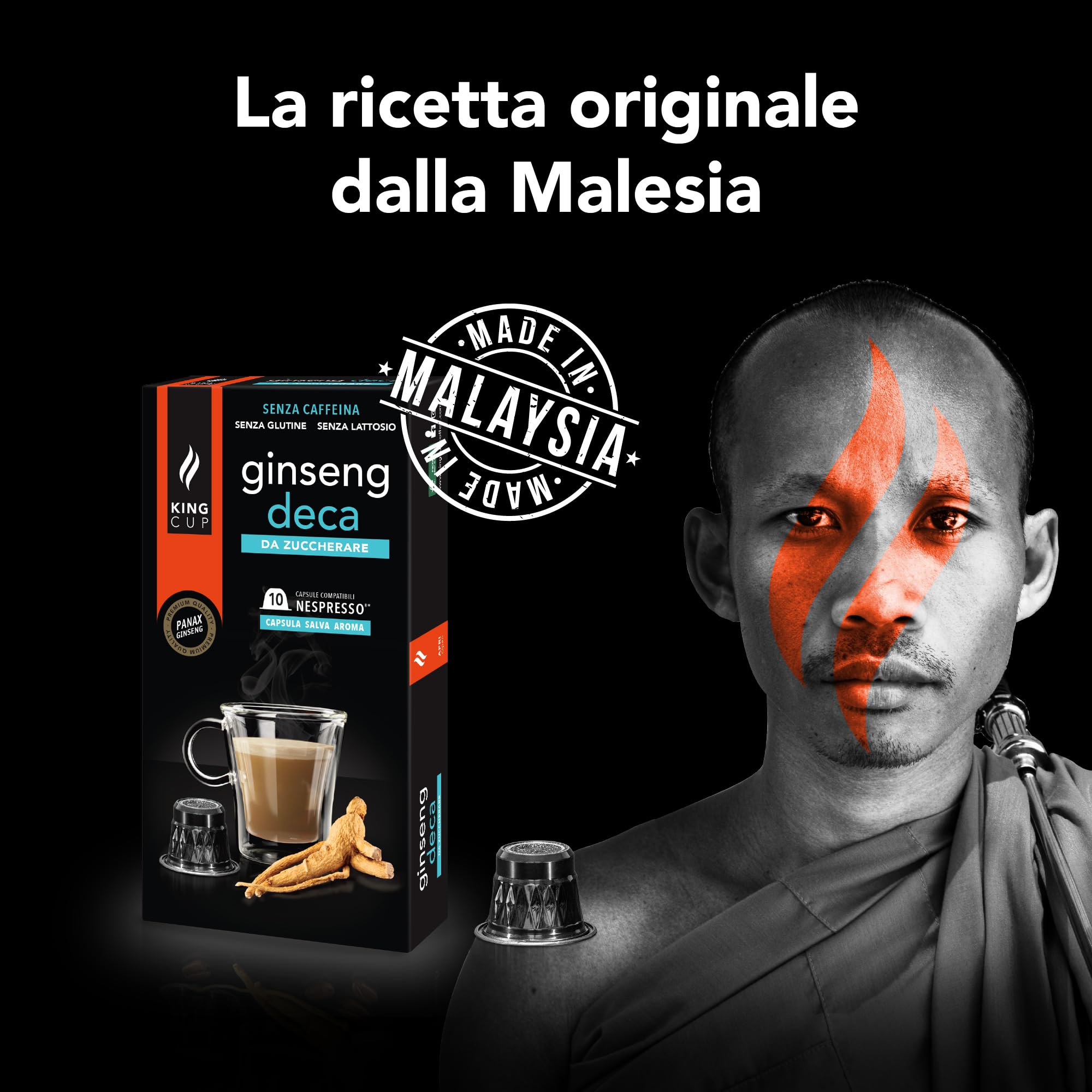 King Cup - 5 Confezioni da 10 Capsule di Ginseng Deca da Zuccherare, 50 Capsule 100% Compatibili con Sistema Nespresso di Bevanda al Gusto di Ginseng, Senza Glutine e Senza Lattosio