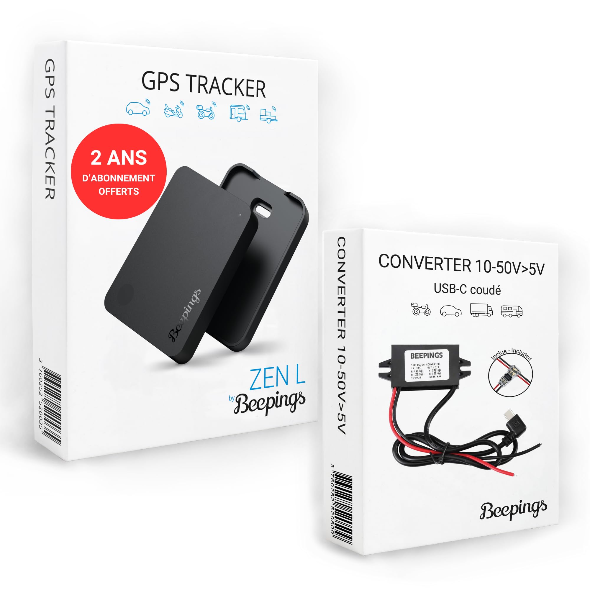 Pack Tracker GPS Zen L + Convertidor - Resistente a los Inhibidores - 1 Año de Suscripción Incluida - Autonomía Ilimitada - Geolocalización en Toda Europa - Coche, Moto, Scooter