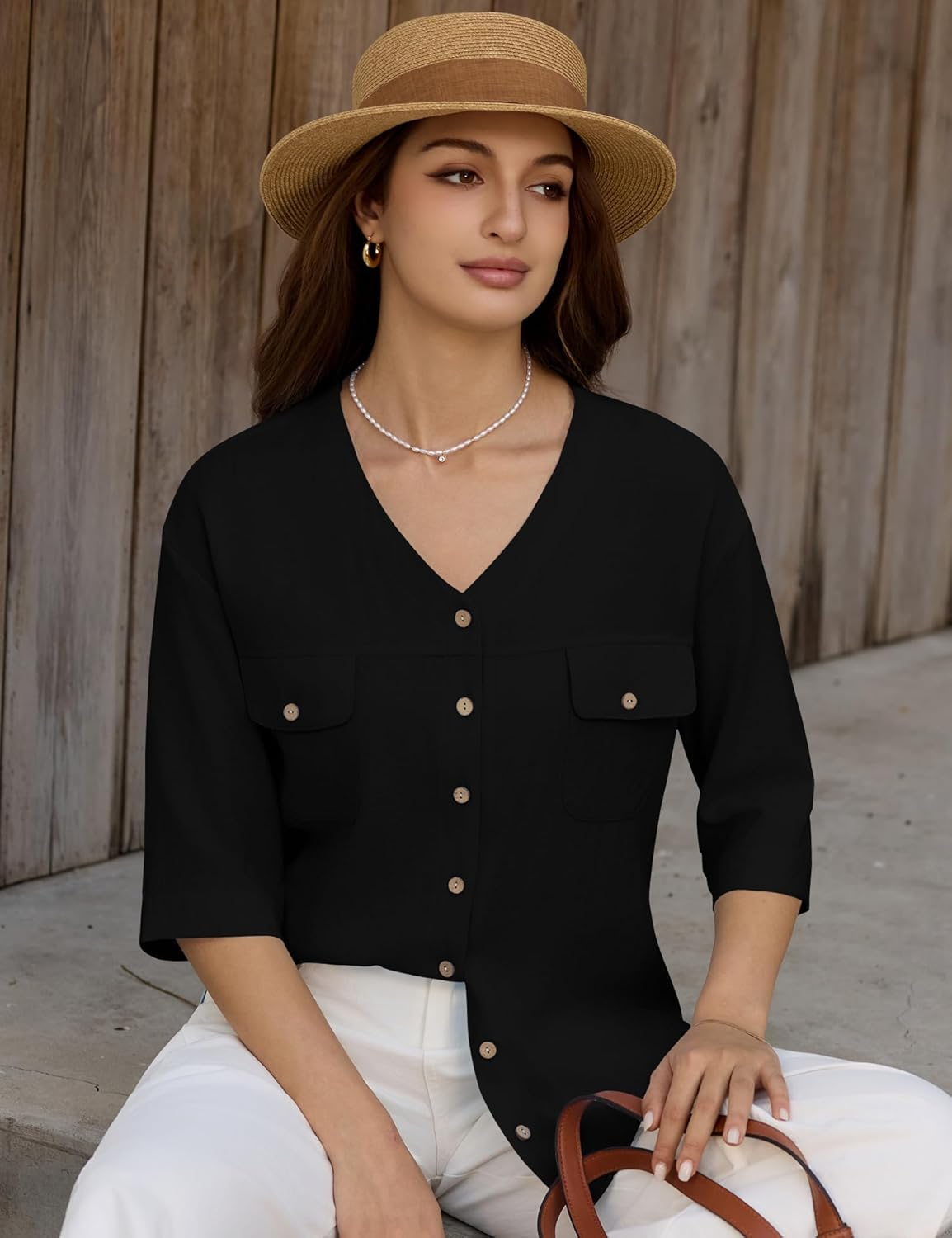LOMON Women's Button Down Shirts Summer 3/4 Sleeve V Neck Blouses Lightweight Casual Office Work Tops with Pockets - Image 6