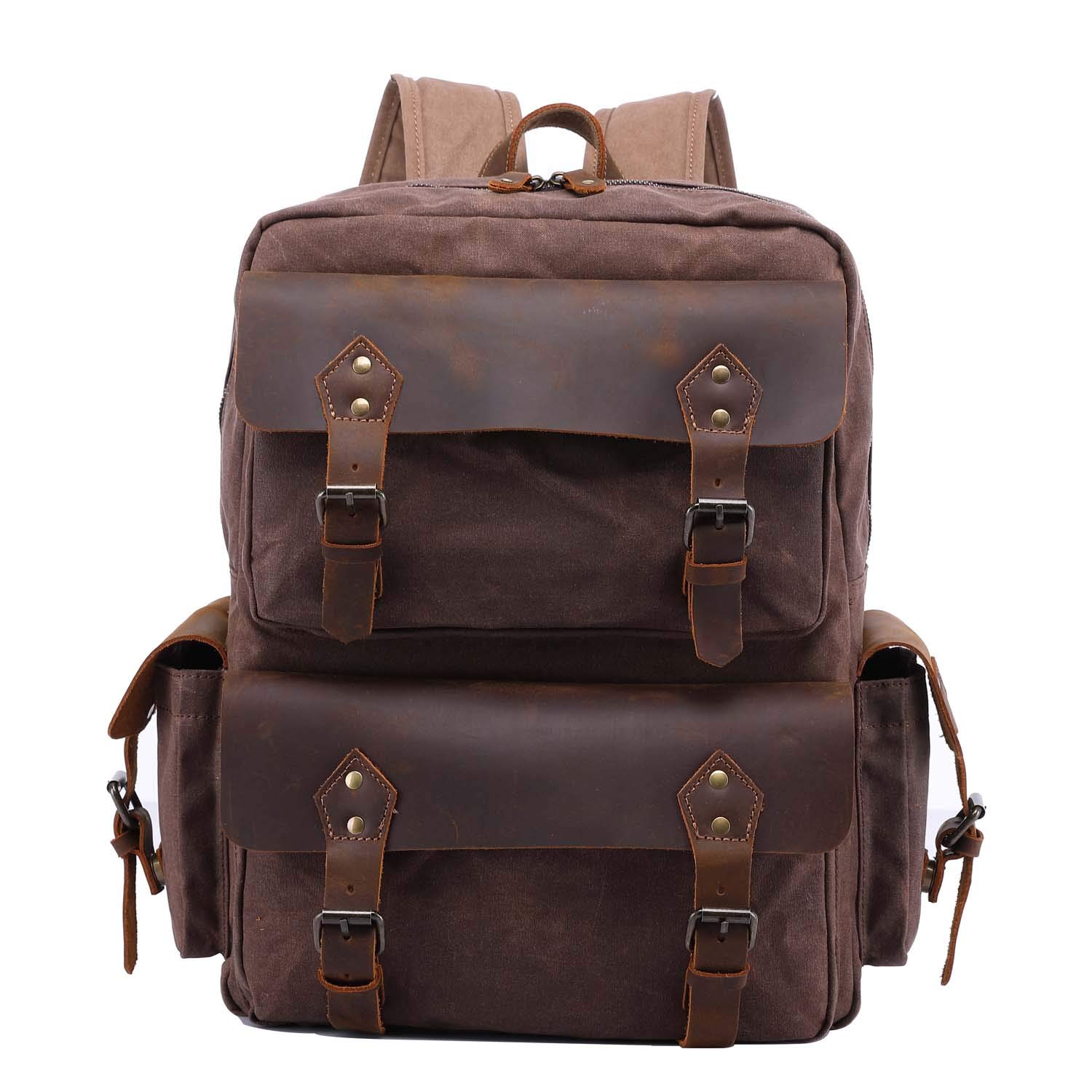 Neuleben Wasserdicht Canvas Leder Rucksack Herren Wanderrucksack Damen Schulrucksack Vintage 15.6 Zoll Laptop Rucksäcke Daypack für Wandern Schule Outdoor Alltag