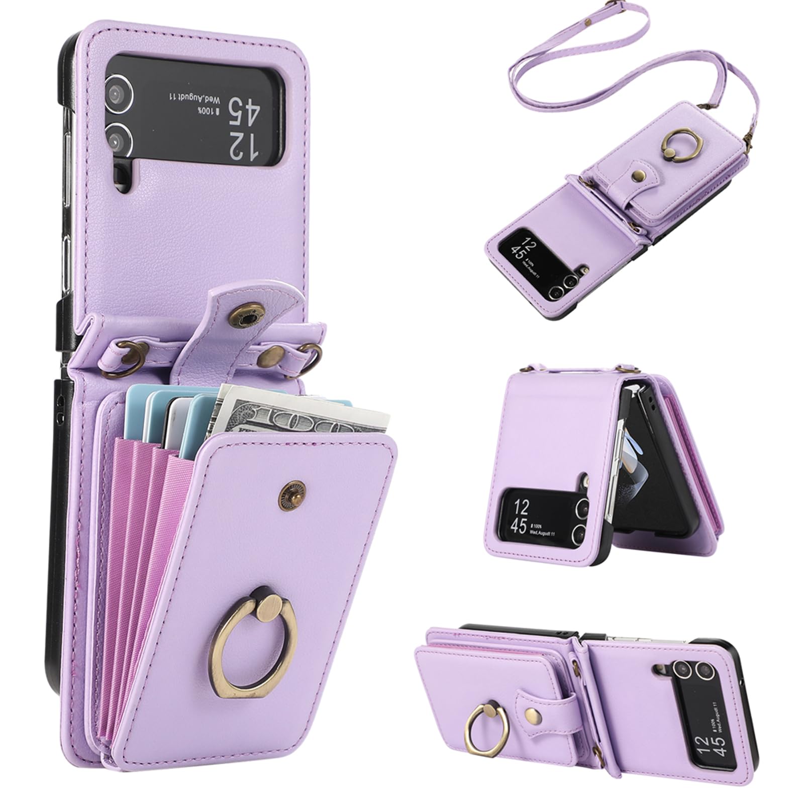Asuwish Phone Case for Samsung Galaxy Z Flip 3 5G 2021 Wallet Cell Cover with and Crossbody Strap Ring Stand RFID Credit Slot Card Holder Leather Flip