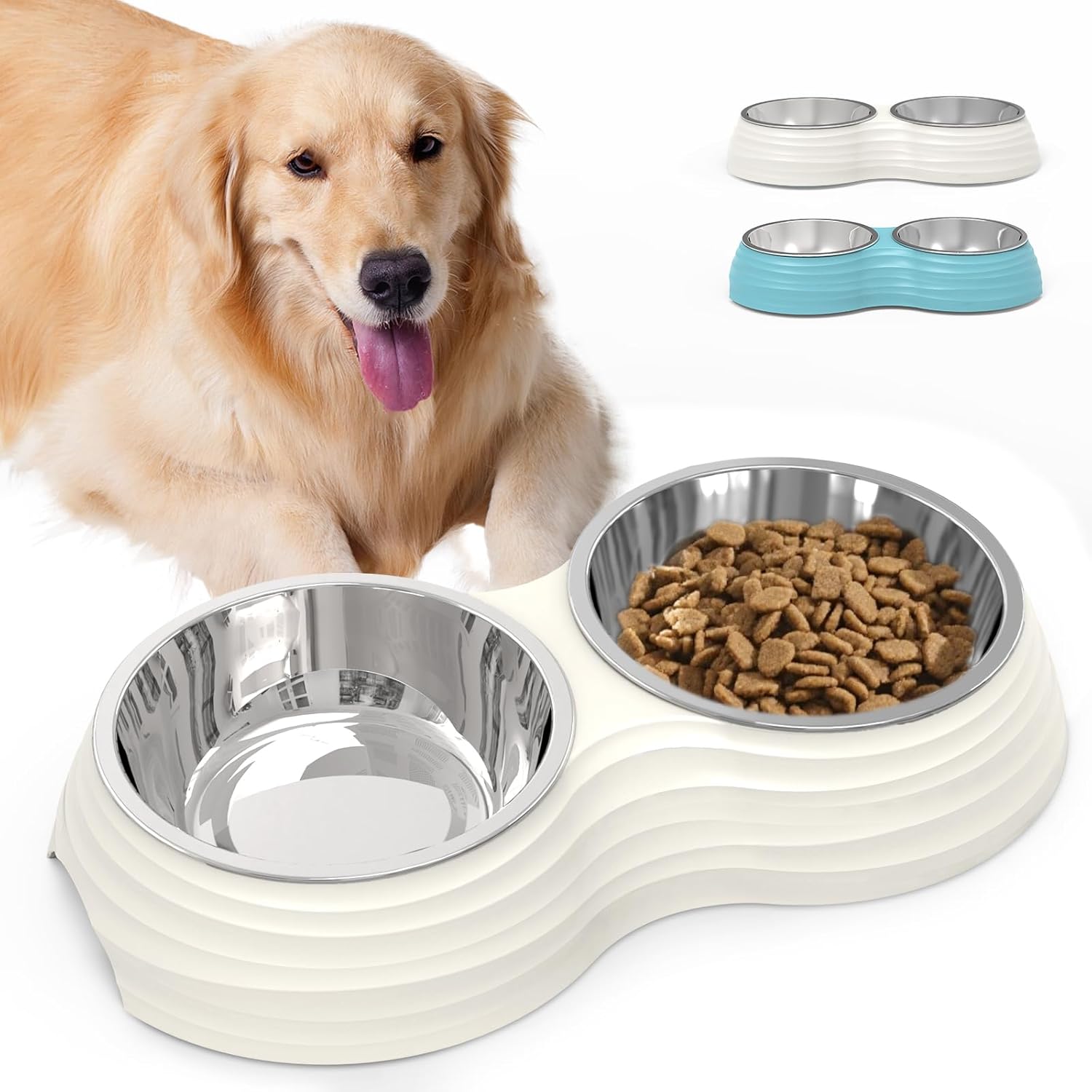 Stainless Steel Dog Bowls Set, Double Food & Water Bowls for Dogs, Dual Dog Food Bowl with 2 Medium (14oz*2) Bowl, Non-Slip Pet Bowls Suitable for Puppies, Cats and Medium Breed Dogs (White)