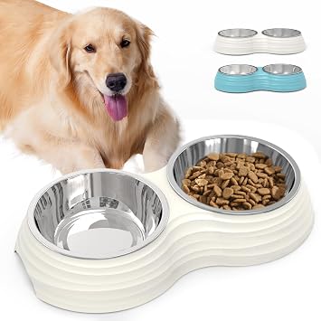 Stainless Steel Dog Bowls Set, Double Food & Water Bowls for Dogs, Dual Dog Food Bowl with 2 Medium 14oz*2 Bowl, Non-Slip Pet Bowls Suitable for Puppies, Cats and Medium Breed Dogs White