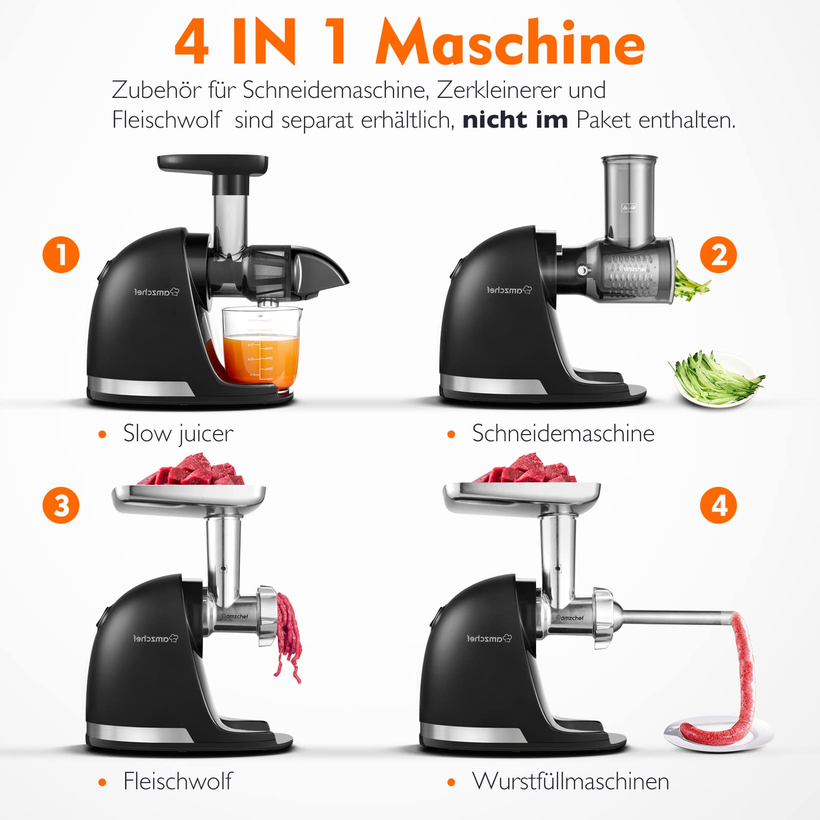 Amzchef Entsafter Gemüse und Obst Testsieger - Entsafter Slow Juicer mit Rückwärts-Kau-Funktion - Zartes Zerkleinern ohne Filtern - Saftpresse Elektrisch mit Bürste und 2 Tassen - Mattschwarz – Bild 6
