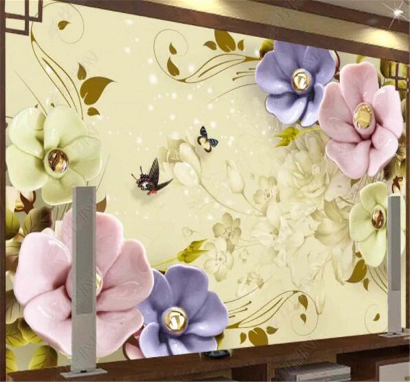 XLMING Three Dimensional Relief Colourful Flowers and Butterflies 3D Wallpaper Luxury Silk Study Dining Feature Sofa Grey Bedroom Living Room Tv Decorative Wall-400cm×280cm